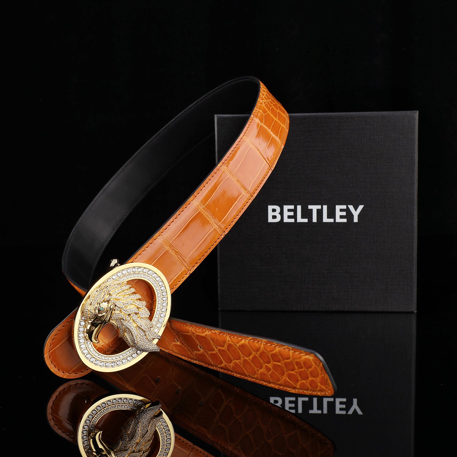 BELTLEY Royal Cognac Orange Glossy Crocodile Belt