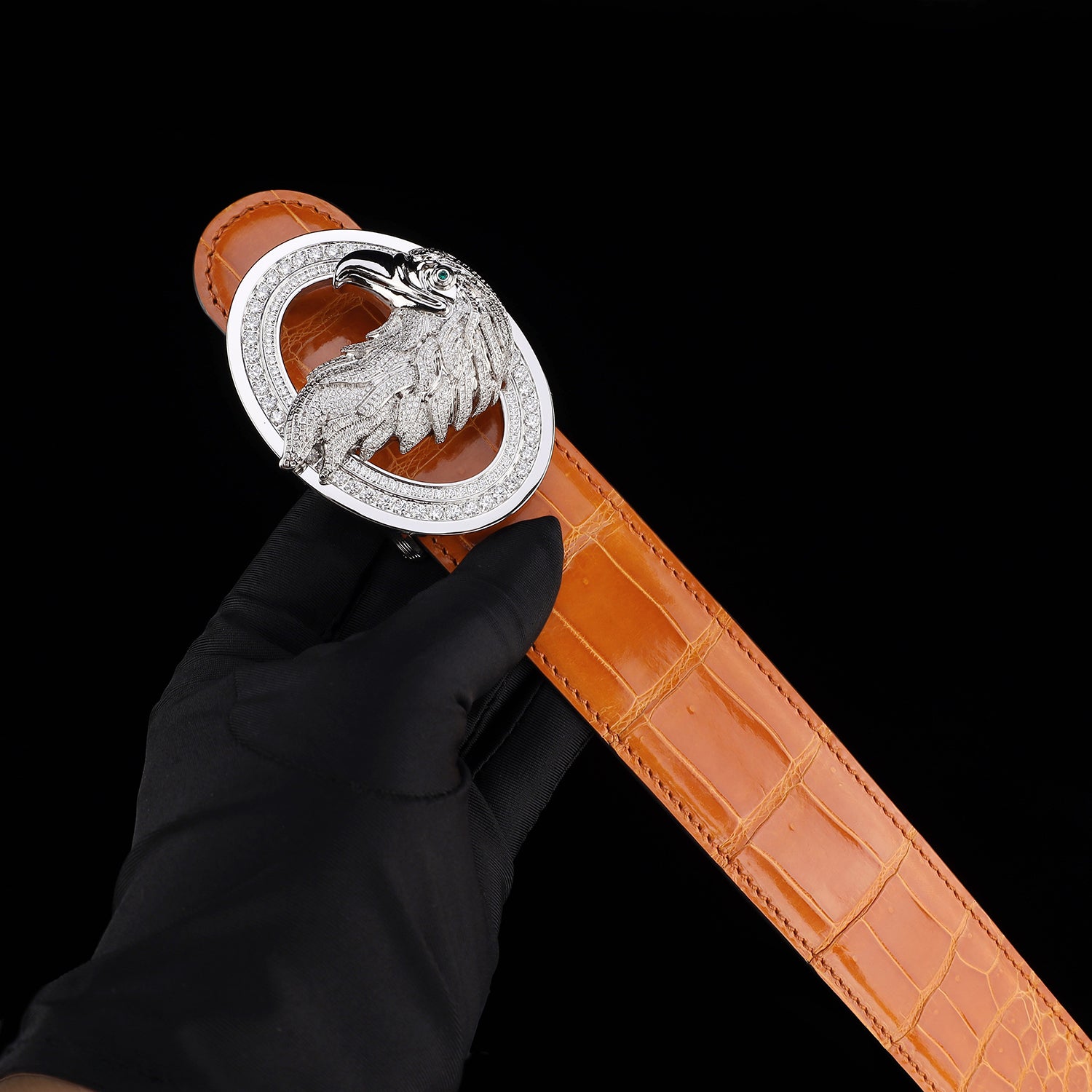 BELTLEY Royal Cognac Orange Glossy Crocodile Belt