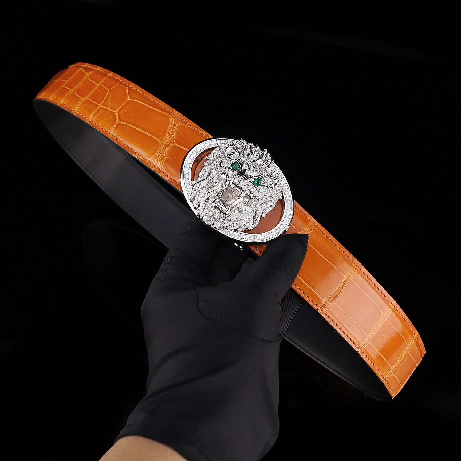 BELTLEY Royal Cognac Orange High Gloss Crocodile Belt For Men