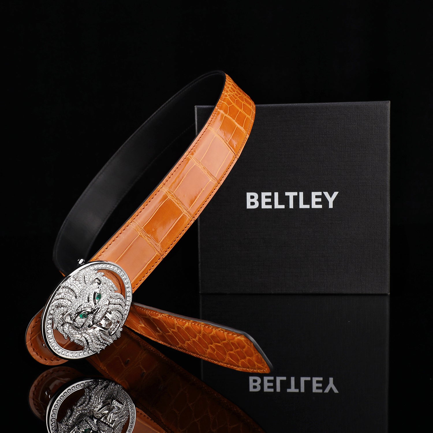BELTLEY Royal Cognac Orange High Gloss Crocodile Belt For Men