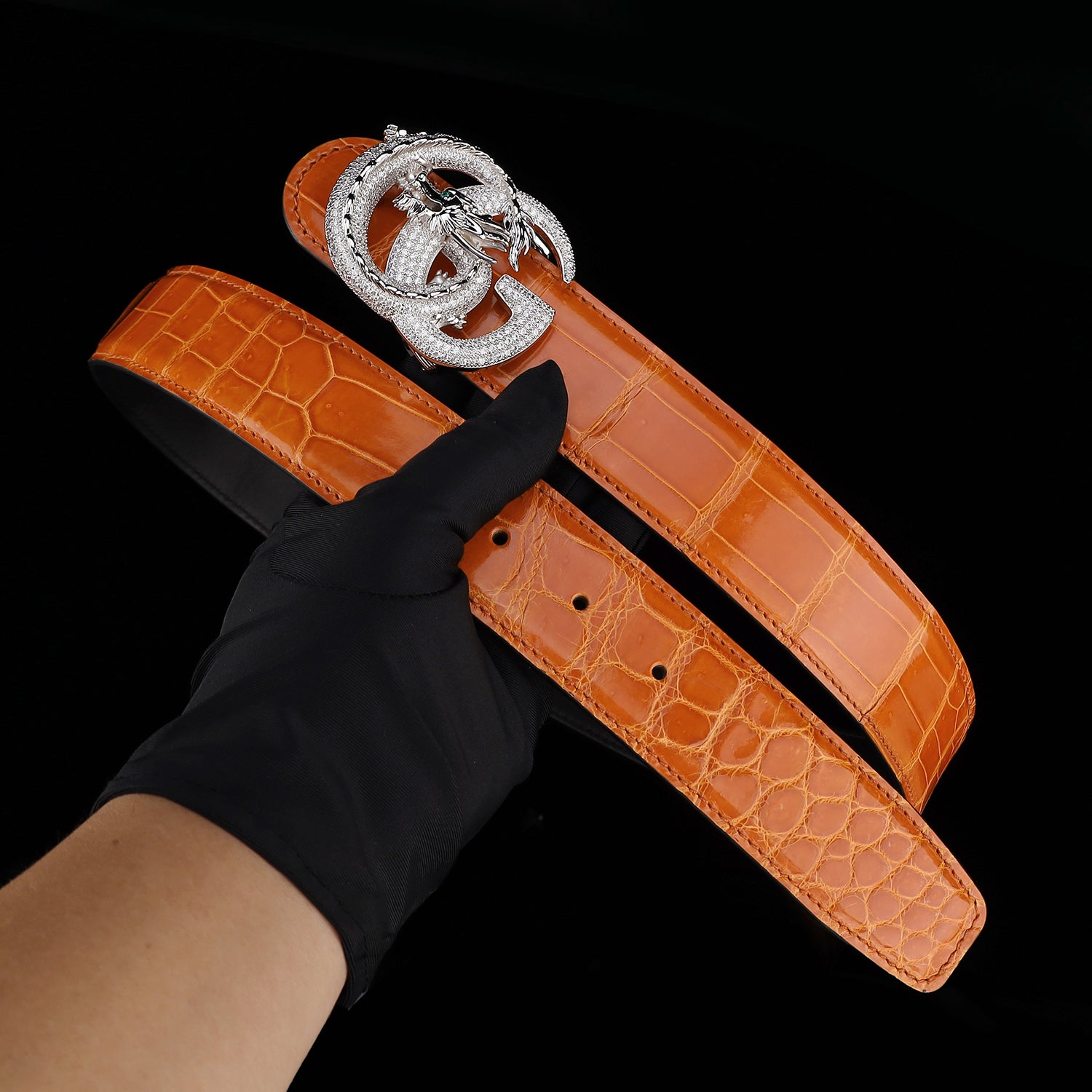 BELTLEY Royal Cognac Orange Luxury Crocodile Leather Belt