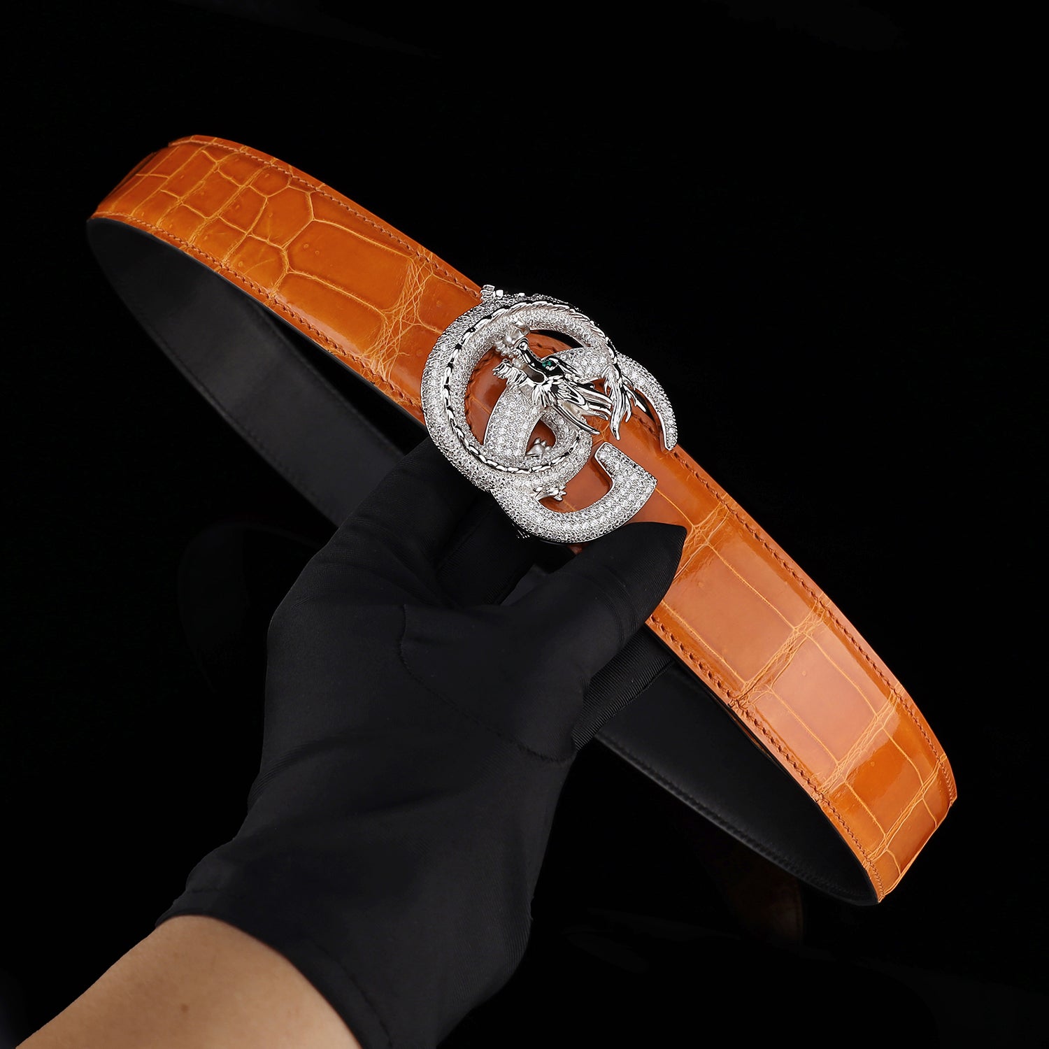 BELTLEY Royal Cognac Orange Luxury Crocodile Leather Belt