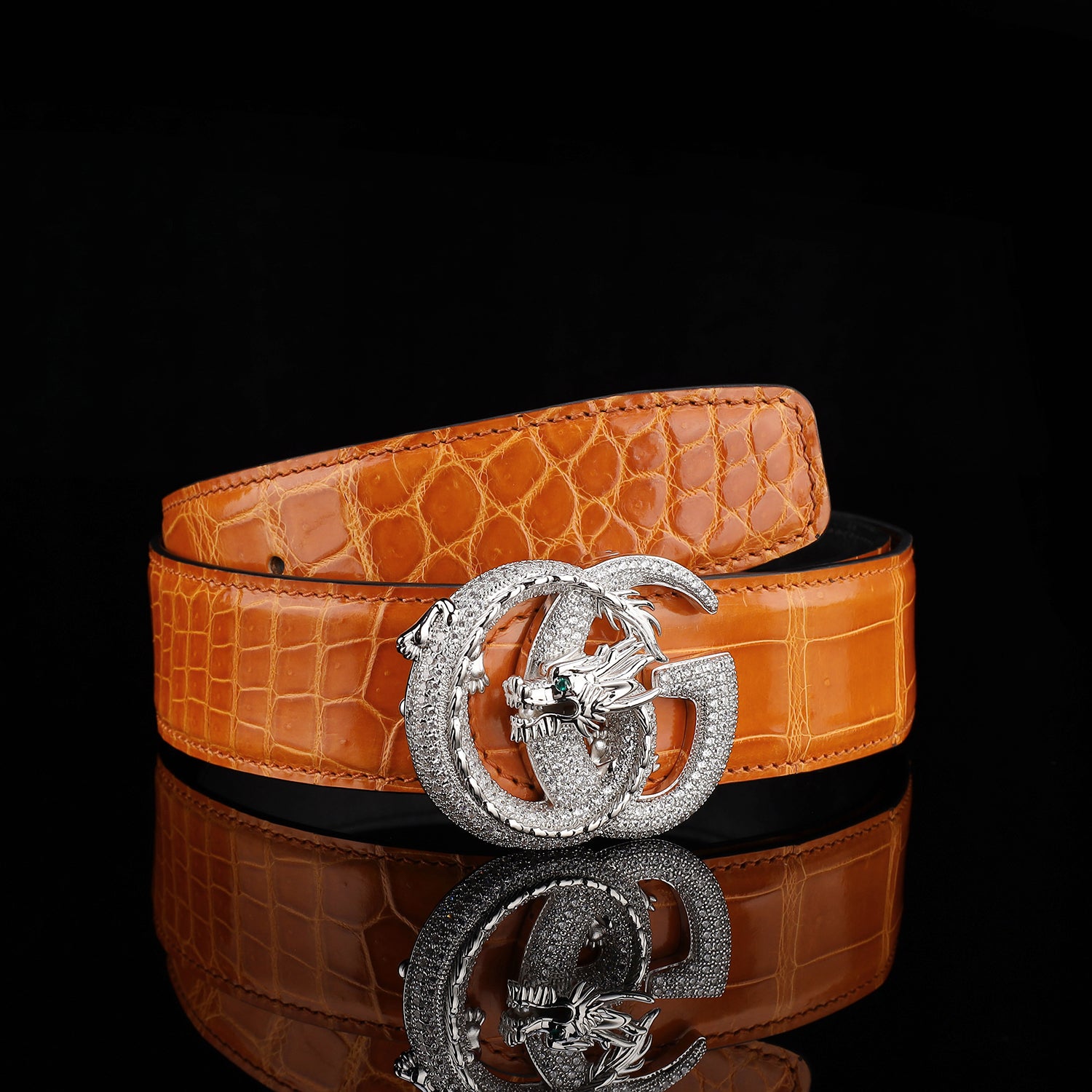 BELTLEY Royal Cognac Orange Luxury Crocodile Leather Belt