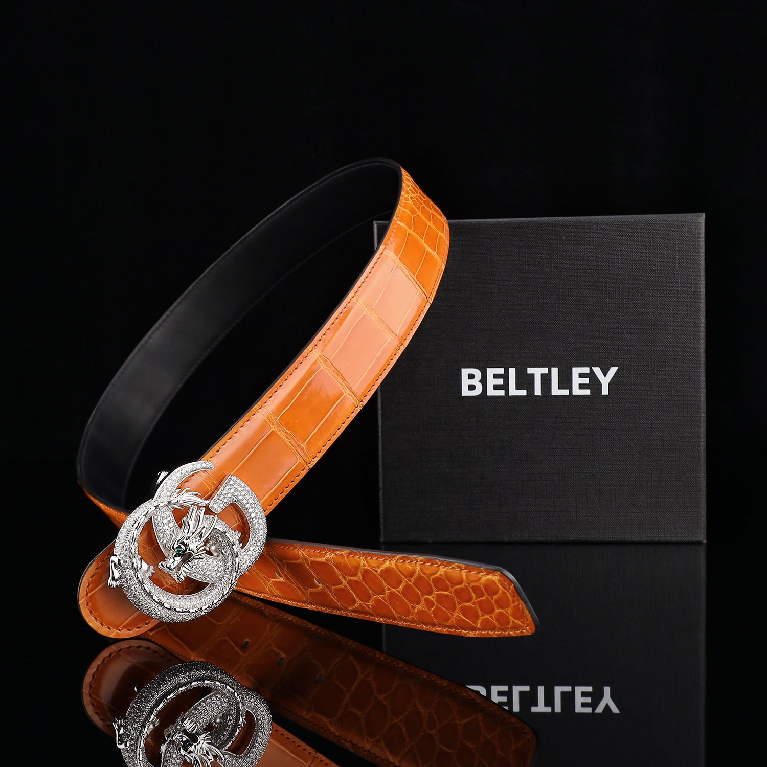 BELTLEY Royal Cognac Orange Luxury Crocodile Leather Belt