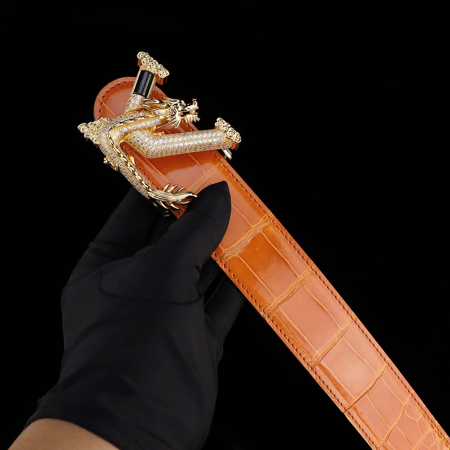 BELTLEY Royal Cognac Orange Premium Crocodile Skin Belt