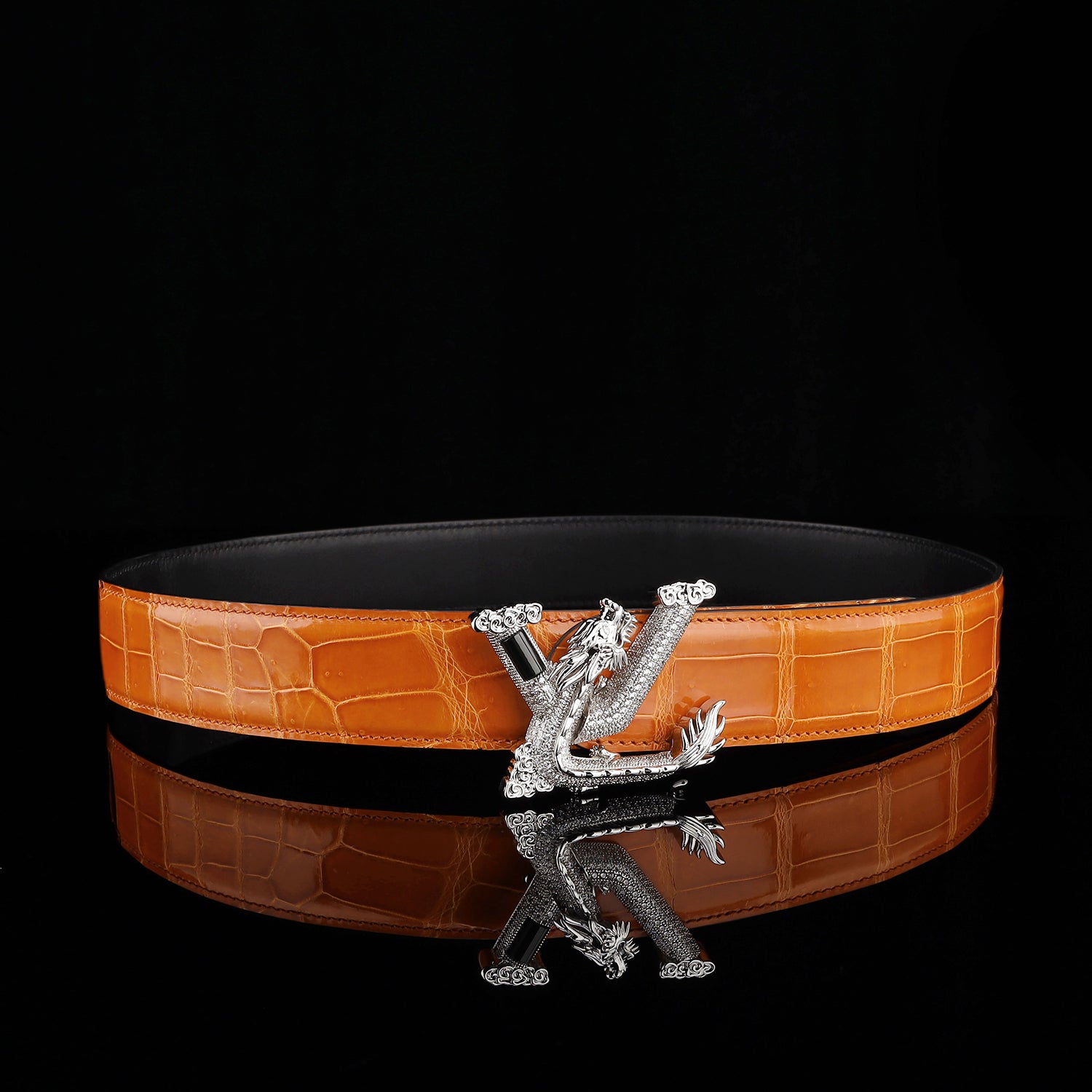BELTLEY Royal Cognac Orange Premium Crocodile Skin Belt