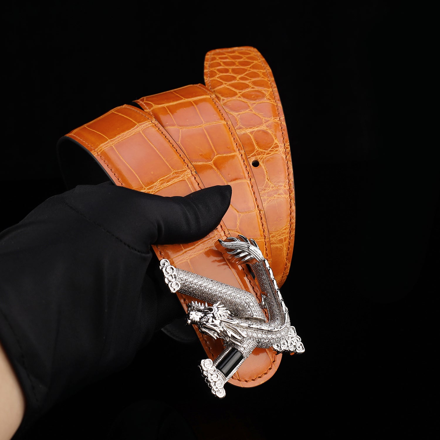 BELTLEY Royal Cognac Orange Premium Crocodile Skin Belt