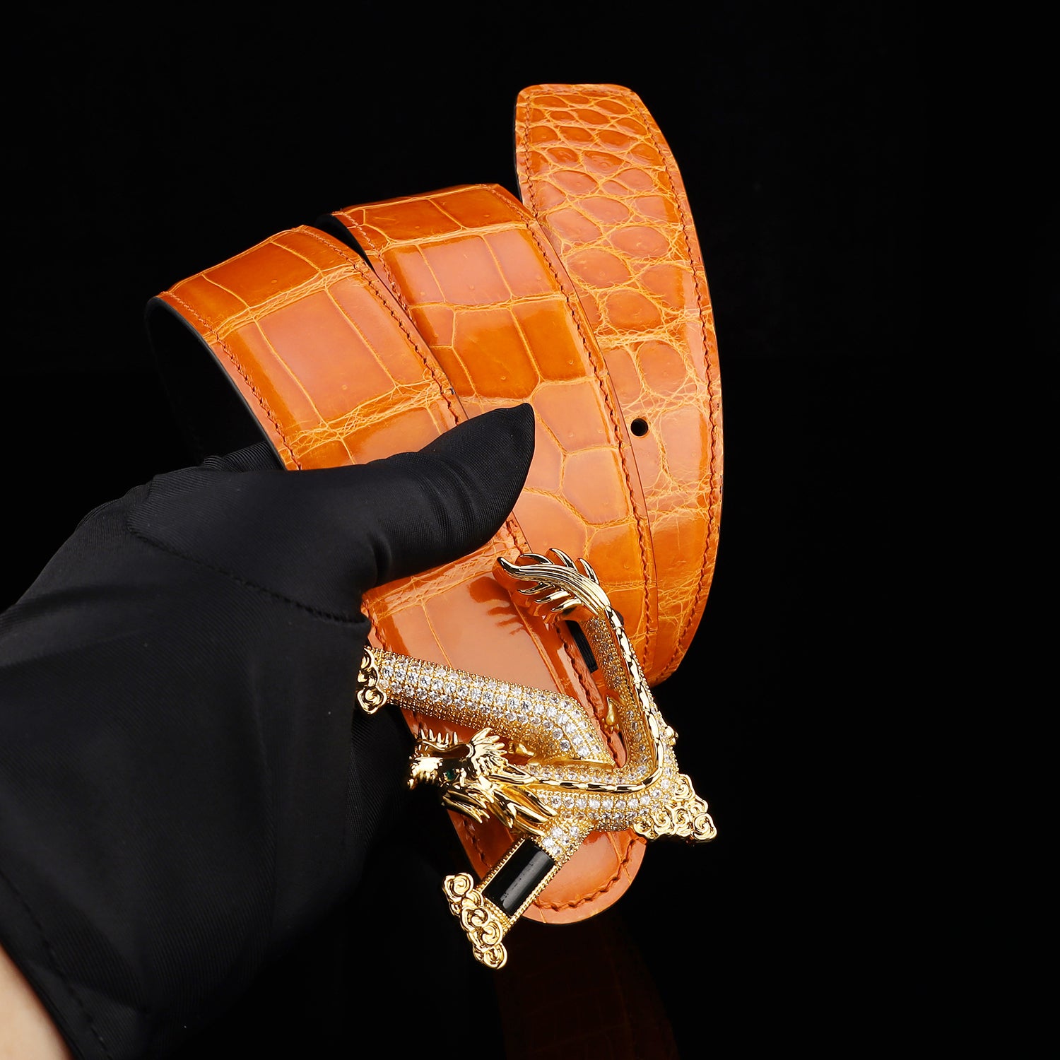BELTLEY Royal Cognac Orange Premium Crocodile Skin Belt
