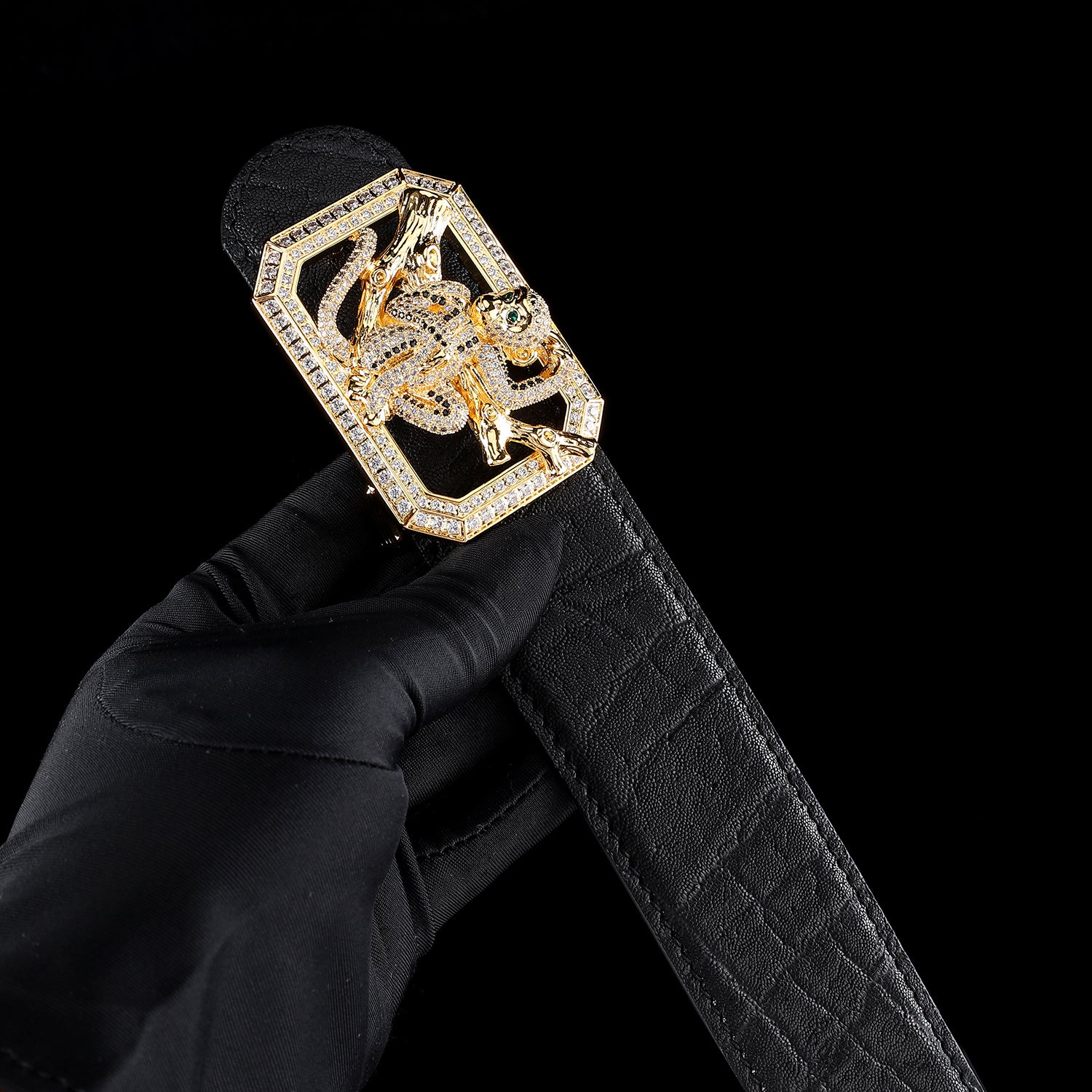 BELTLEY Signature Black Elephant Skin Belt With Monkey Buckle