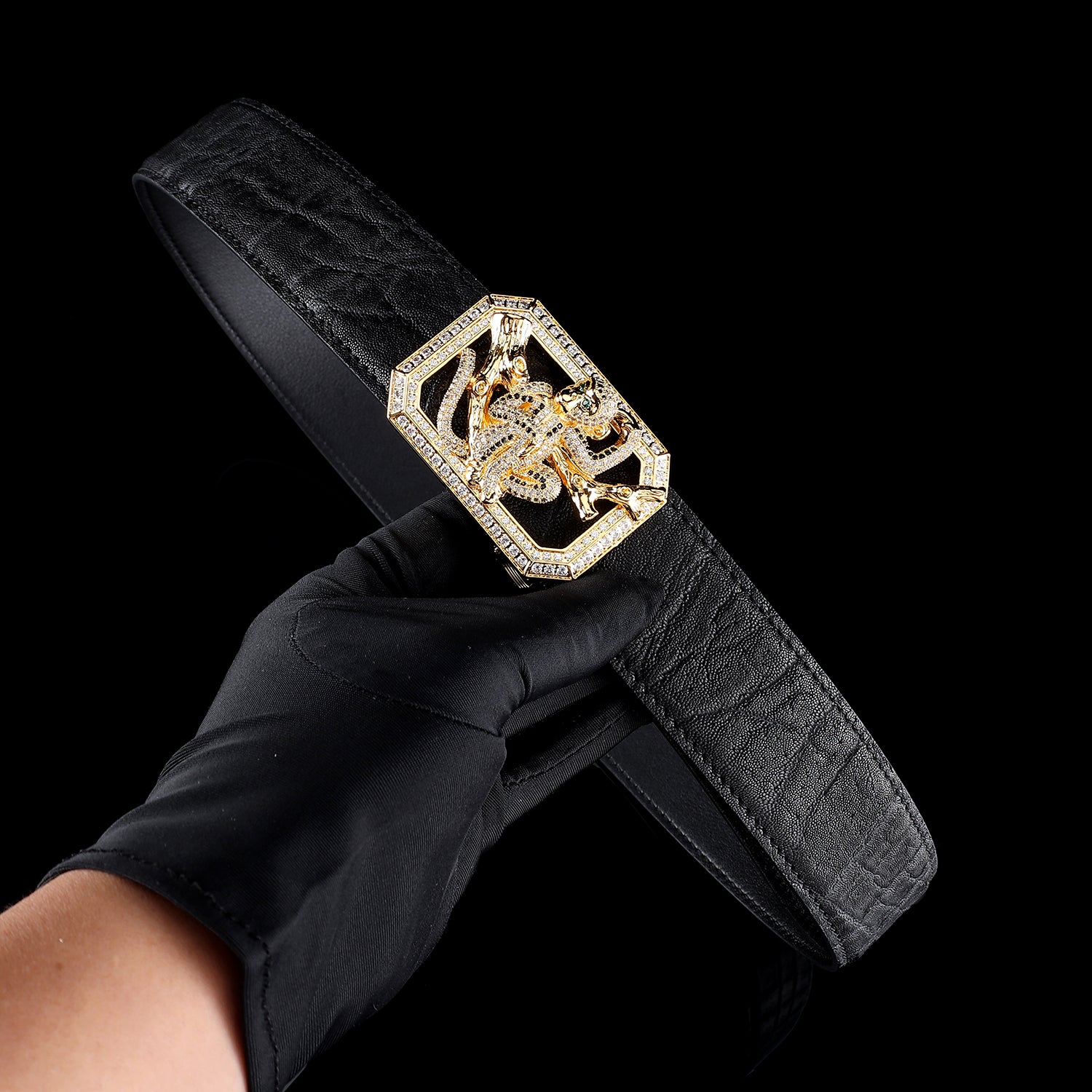 BELTLEY Signature Black Elephant Skin Belt With Monkey Buckle