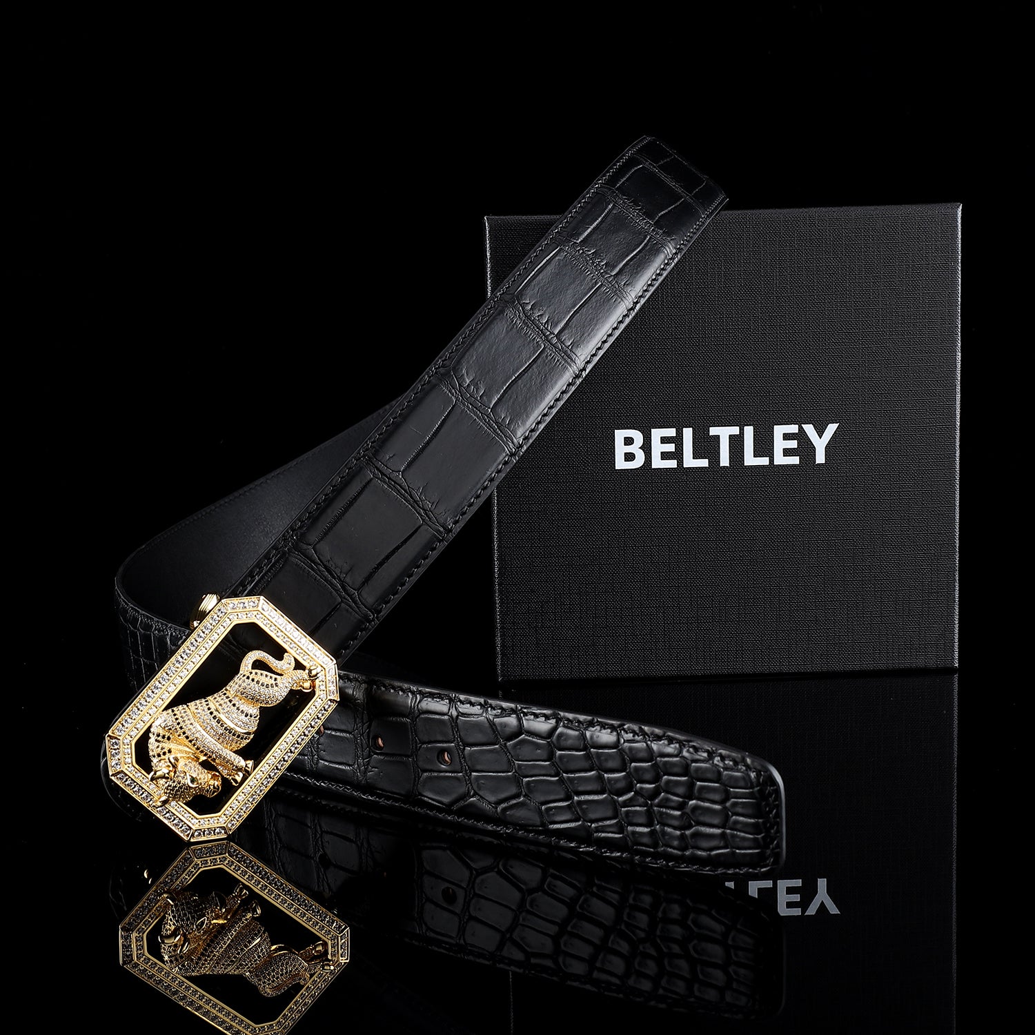 BELTLEY Signature  Bull Buckle Head- Black Crocodile Leather Belt