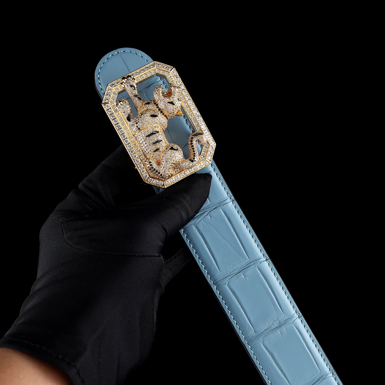 BELTLEY Signature Tiffany Blue Crocodile Belt With Tiger buckle