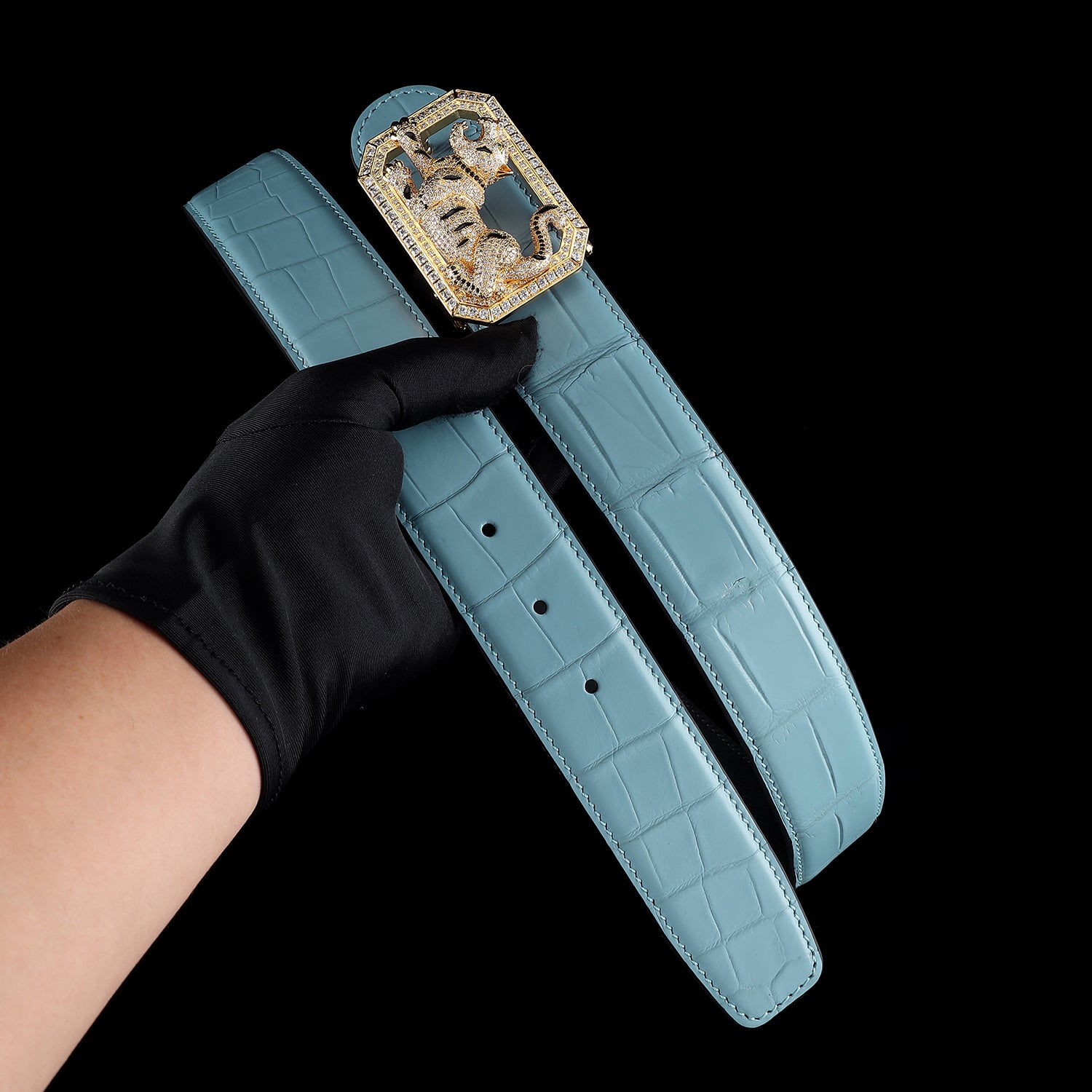 BELTLEY Signature Tiffany Blue Crocodile Belt With Tiger buckle