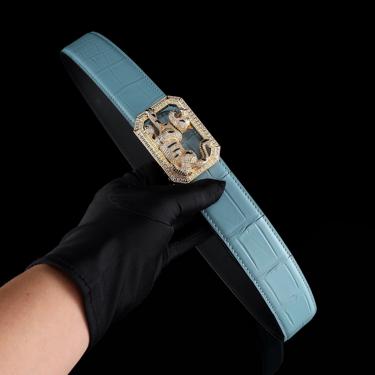 BELTLEY Signature Tiffany Blue Crocodile Belt With Tiger buckle