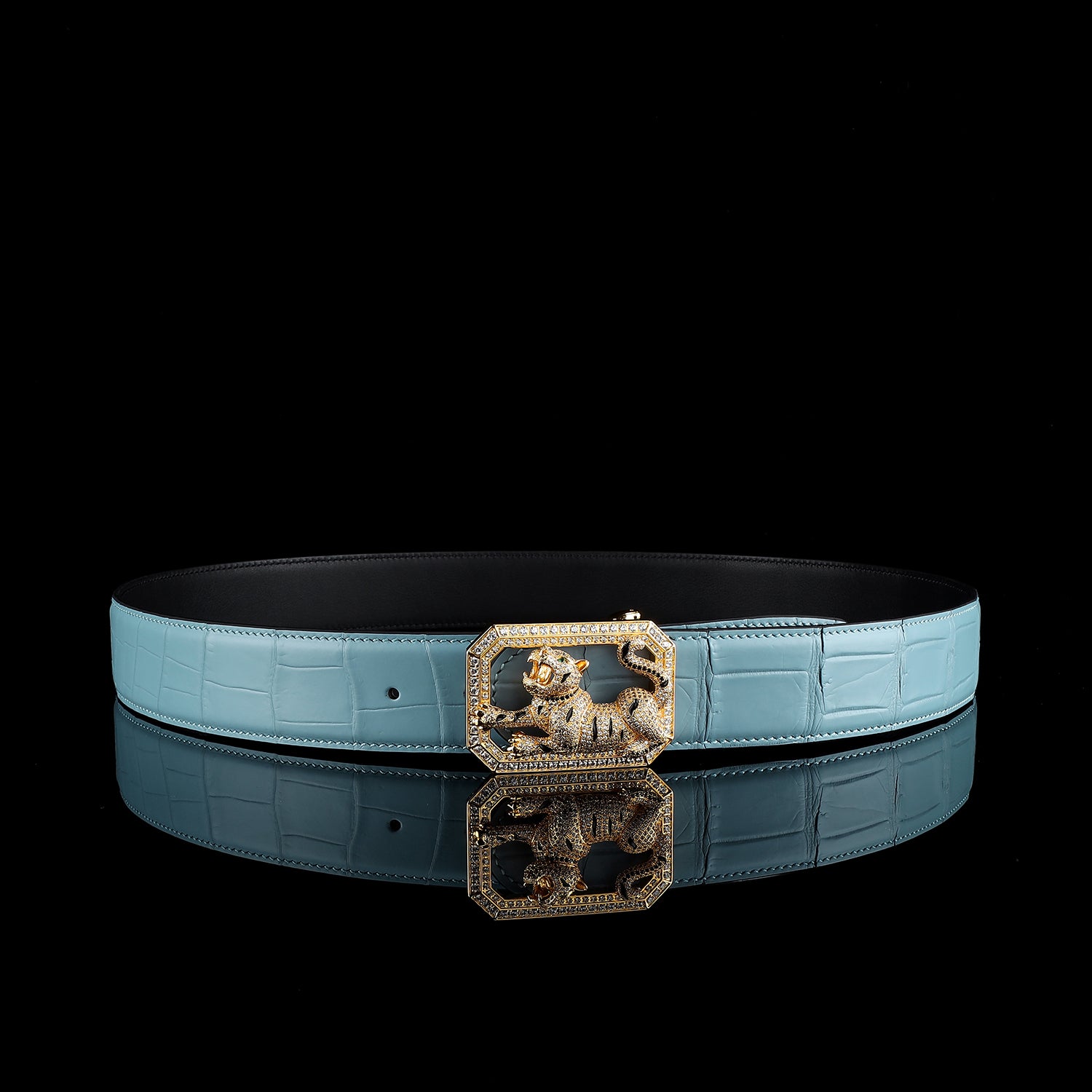 BELTLEY Signature Tiffany Blue Crocodile Belt With Tiger buckle