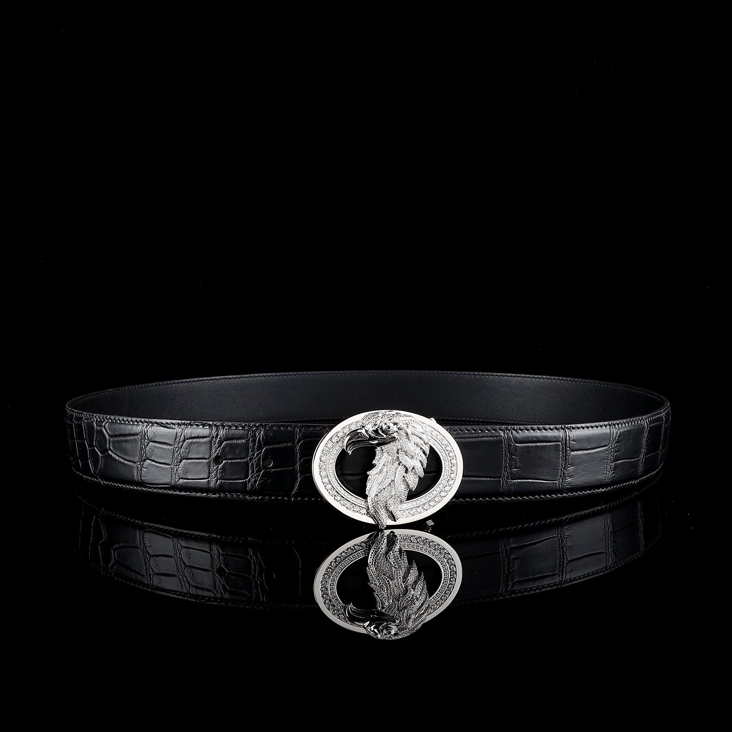 BELTLEY  Silver Eagle Buckle Belt - Black Crocodile Belly-Cut Belt