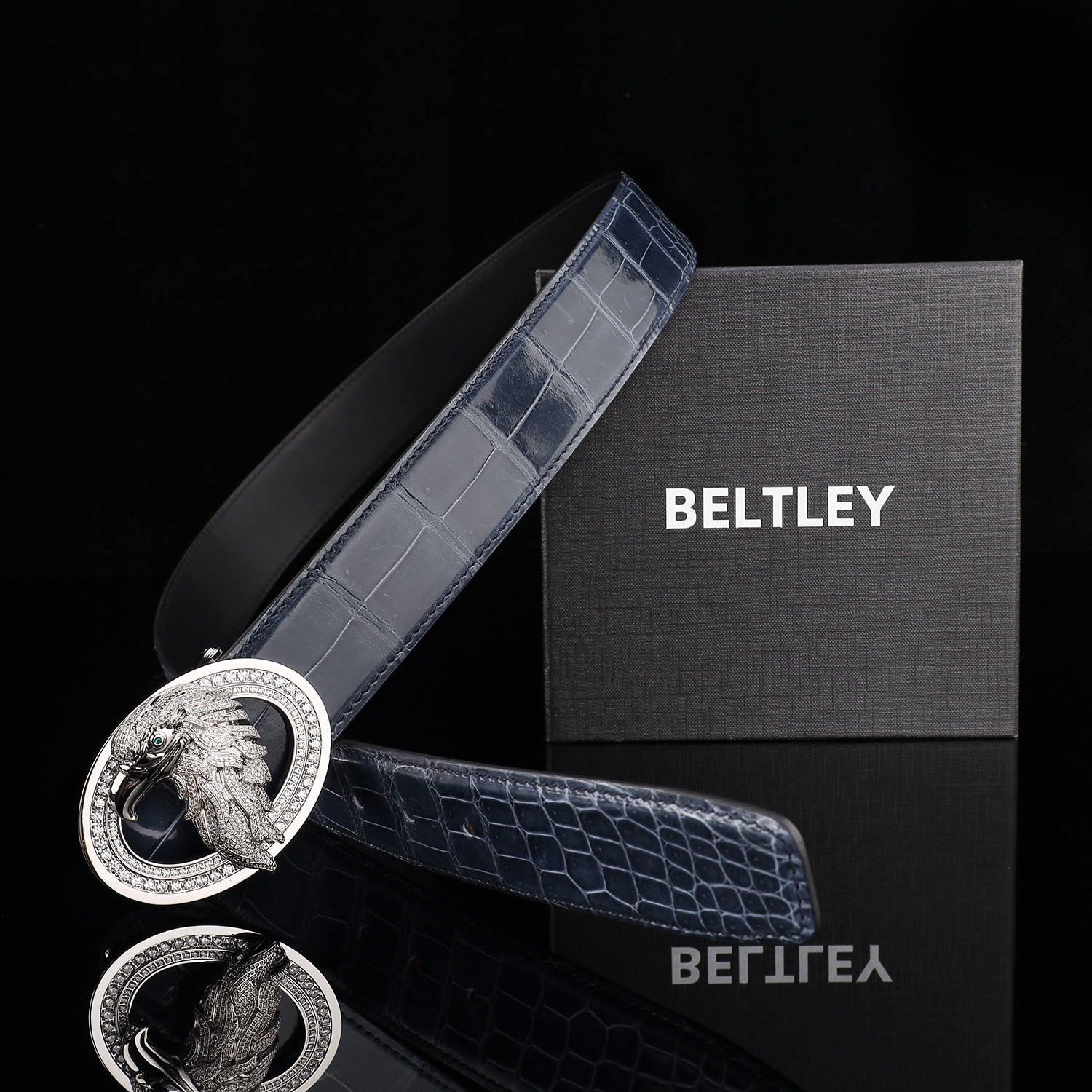 BELTLEY Storm Blue Exotic Crocodile Leather Belt – High Shine Men's Belt