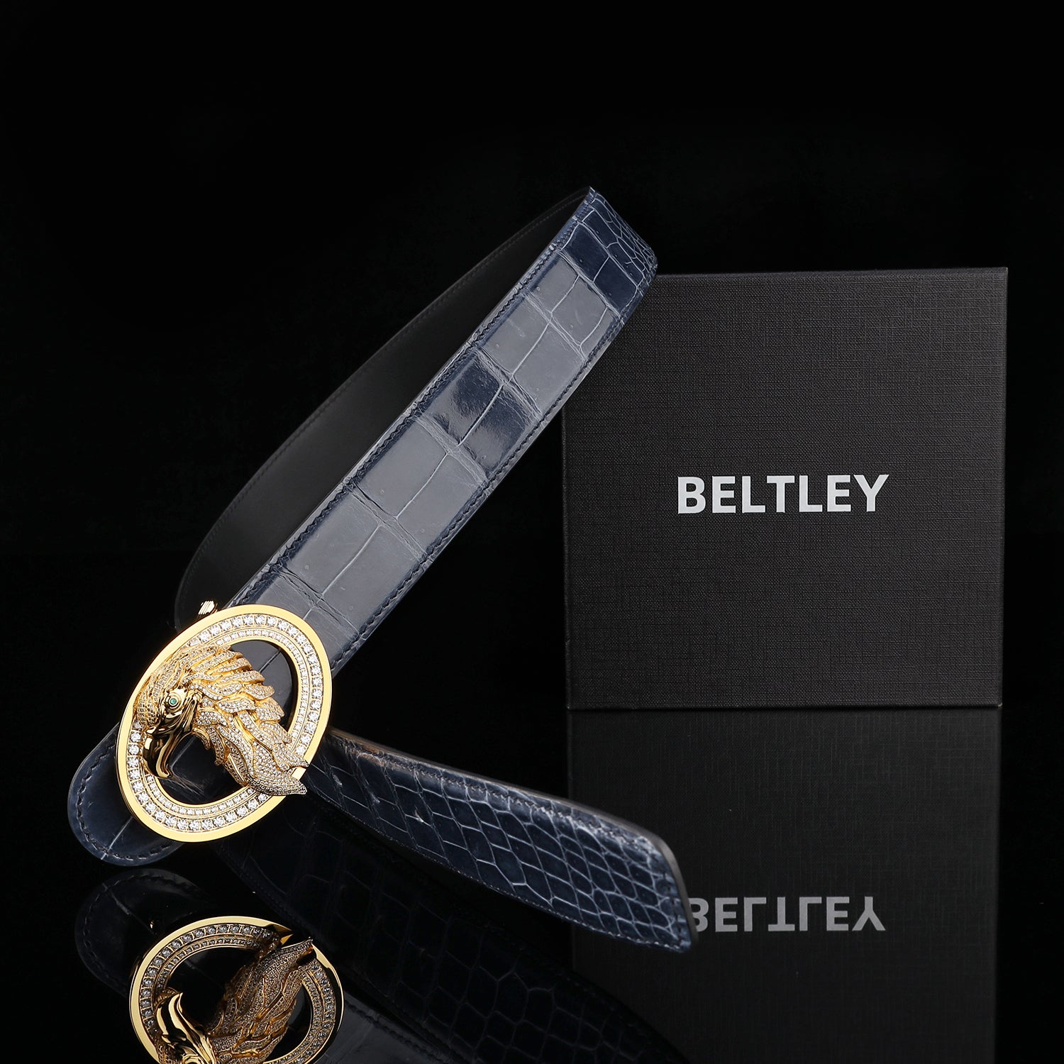 BELTLEY Storm Blue Exotic Crocodile Leather Belt – High Shine Men's Belt