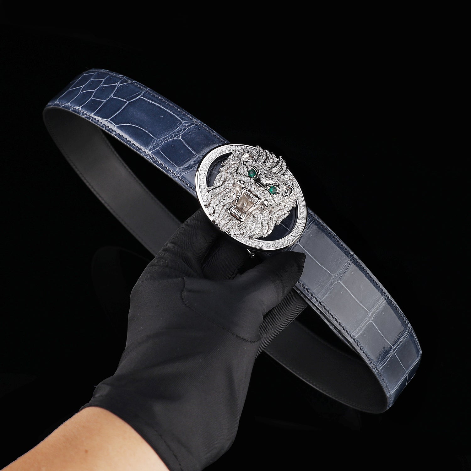 BELTLEY Storm Blue Glossy Crocodile Leather Belt With Lion Buckle