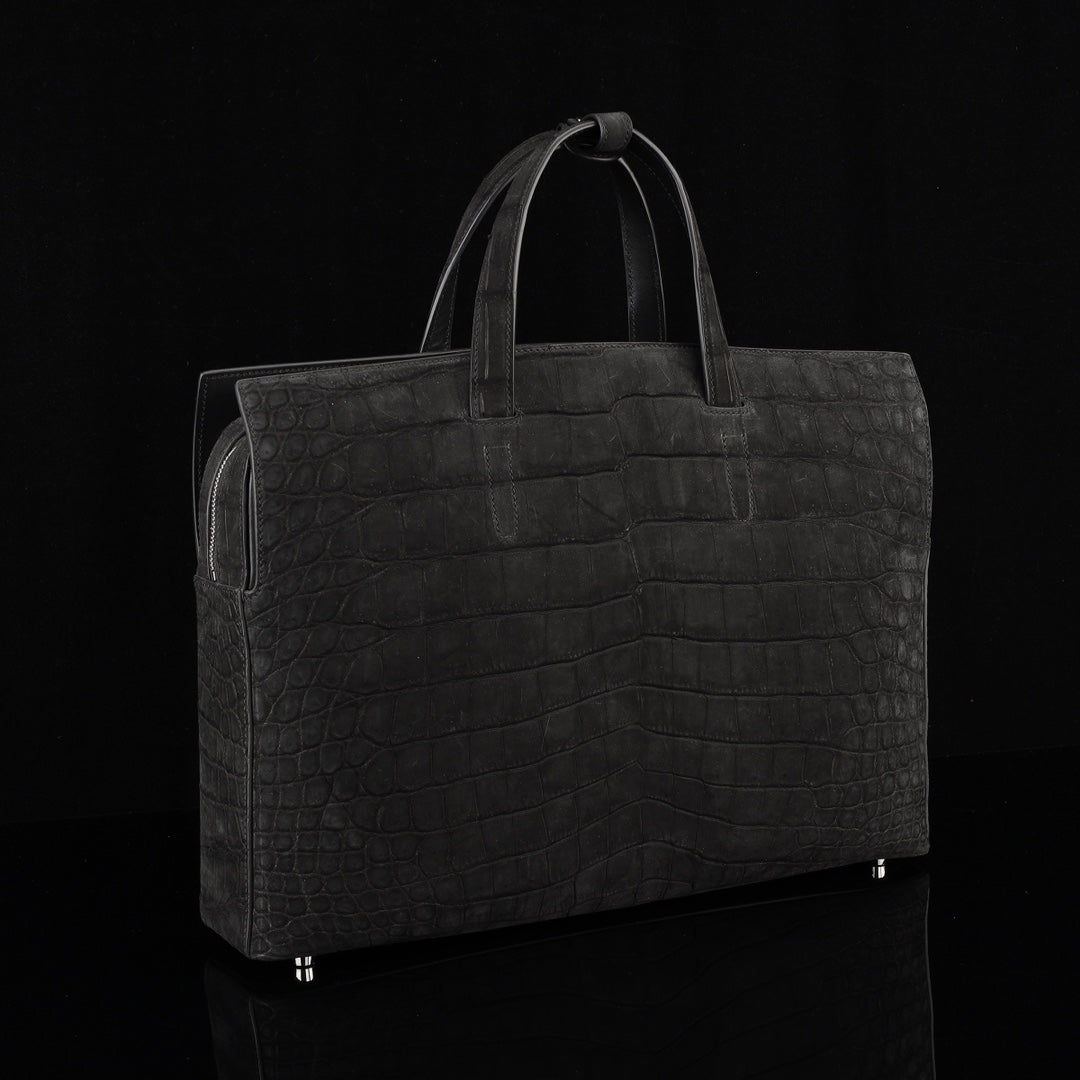 BELTLEY Sueded Nile Crocodile Leather Briefcase – Black Crocodile Bag