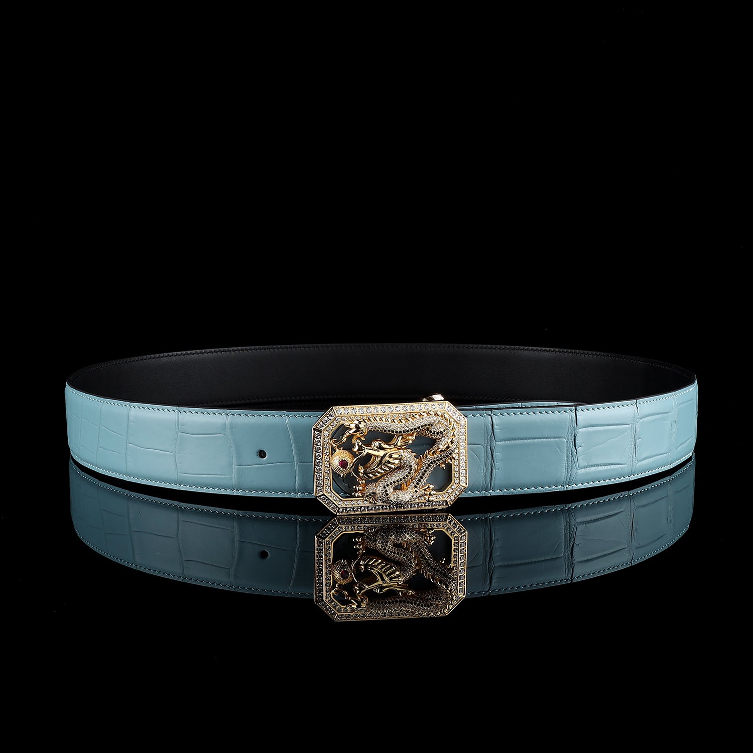 BELTLEY Tiffany Blue Crocodile Leather Belt with Dragon Buckle