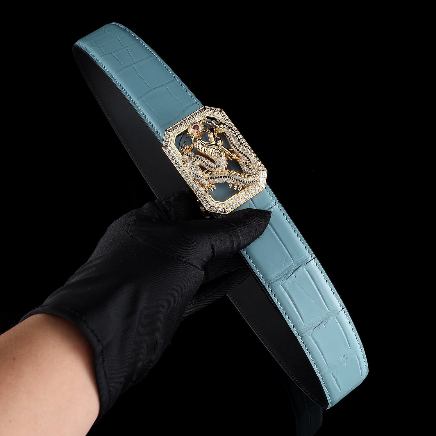 BELTLEY Tiffany Blue Crocodile Leather Belt with Dragon Buckle