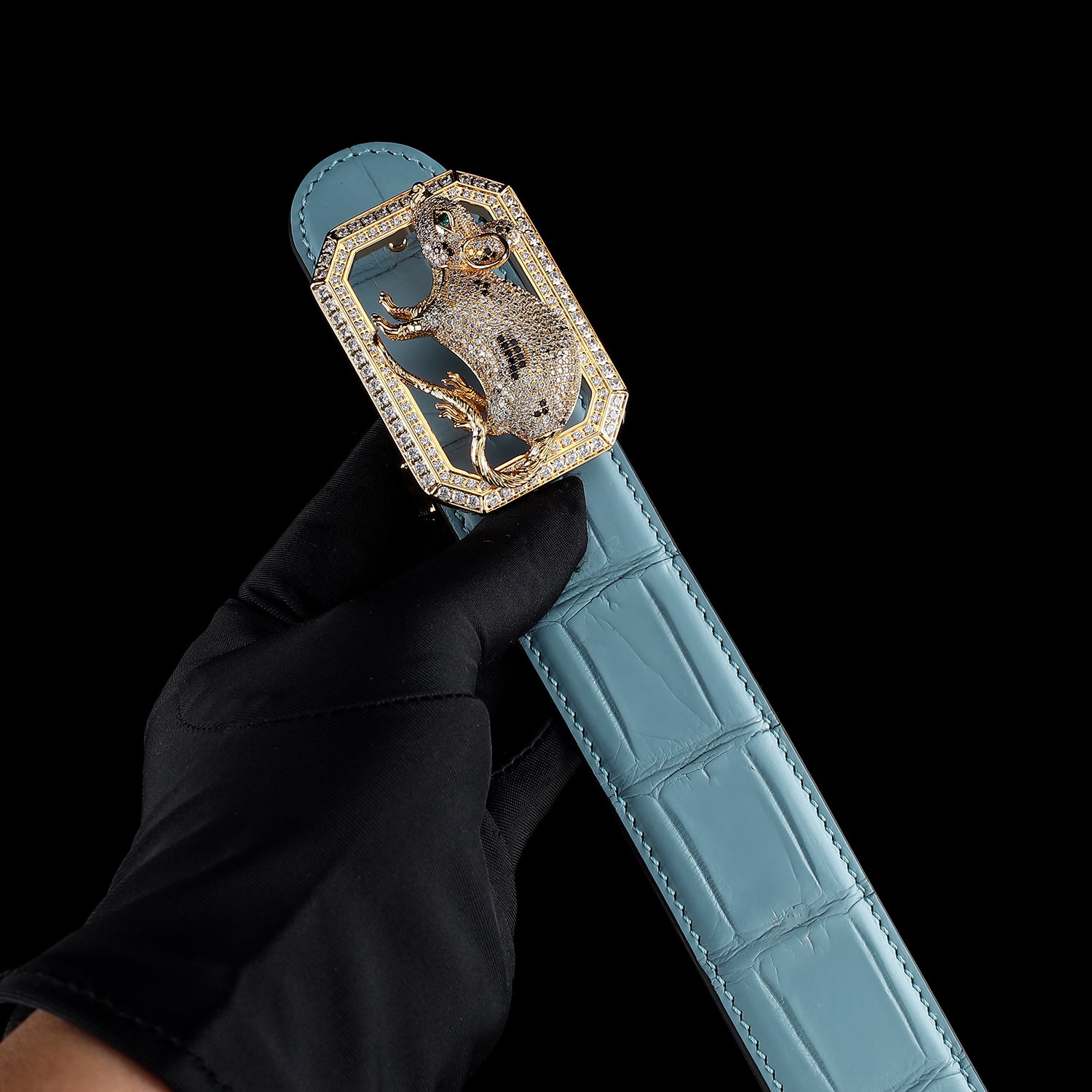 BELTLEY Tiffany Blue Exotic Nile Crocodile Belt with Rat Buckle