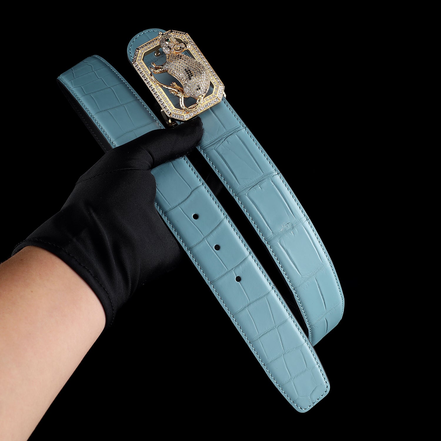 BELTLEY Tiffany Blue Exotic Nile Crocodile Belt with Rat Buckle