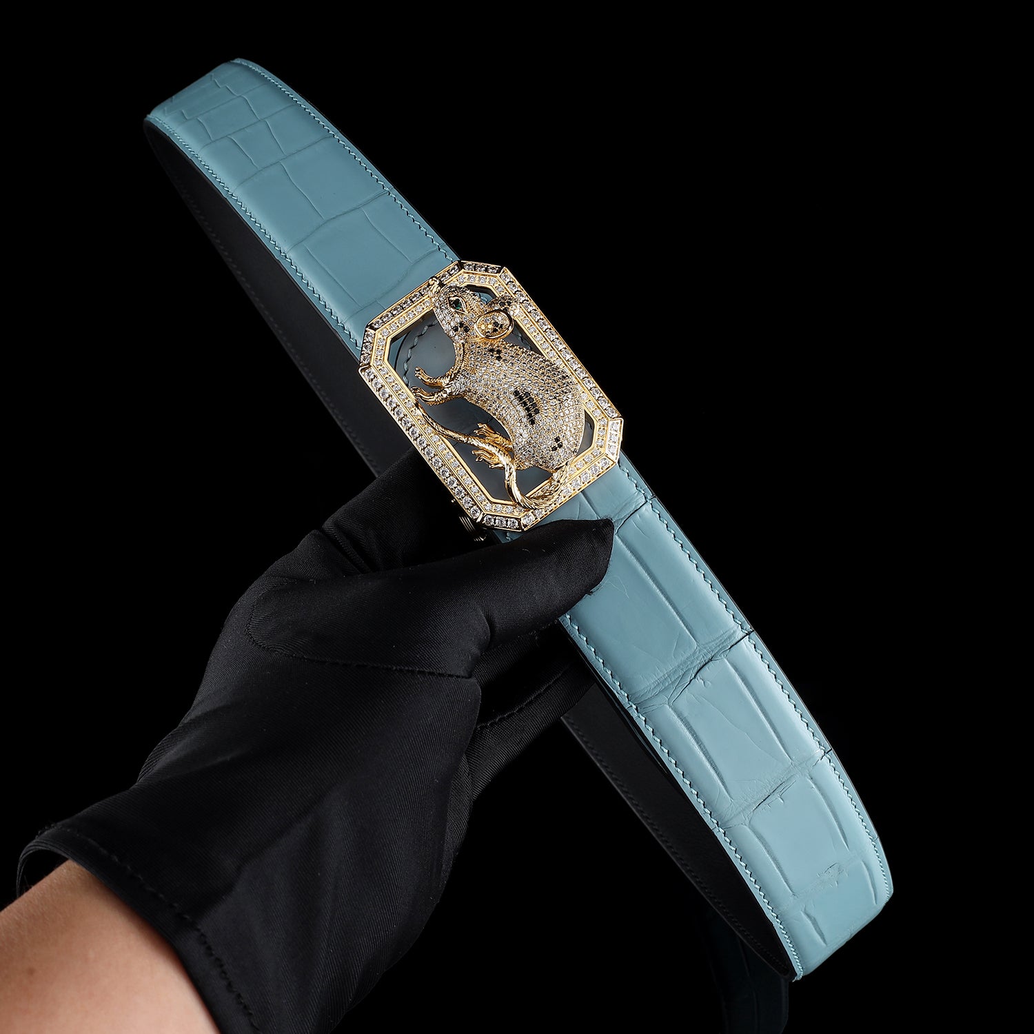 BELTLEY Tiffany Blue Exotic Nile Crocodile Belt with Rat Buckle