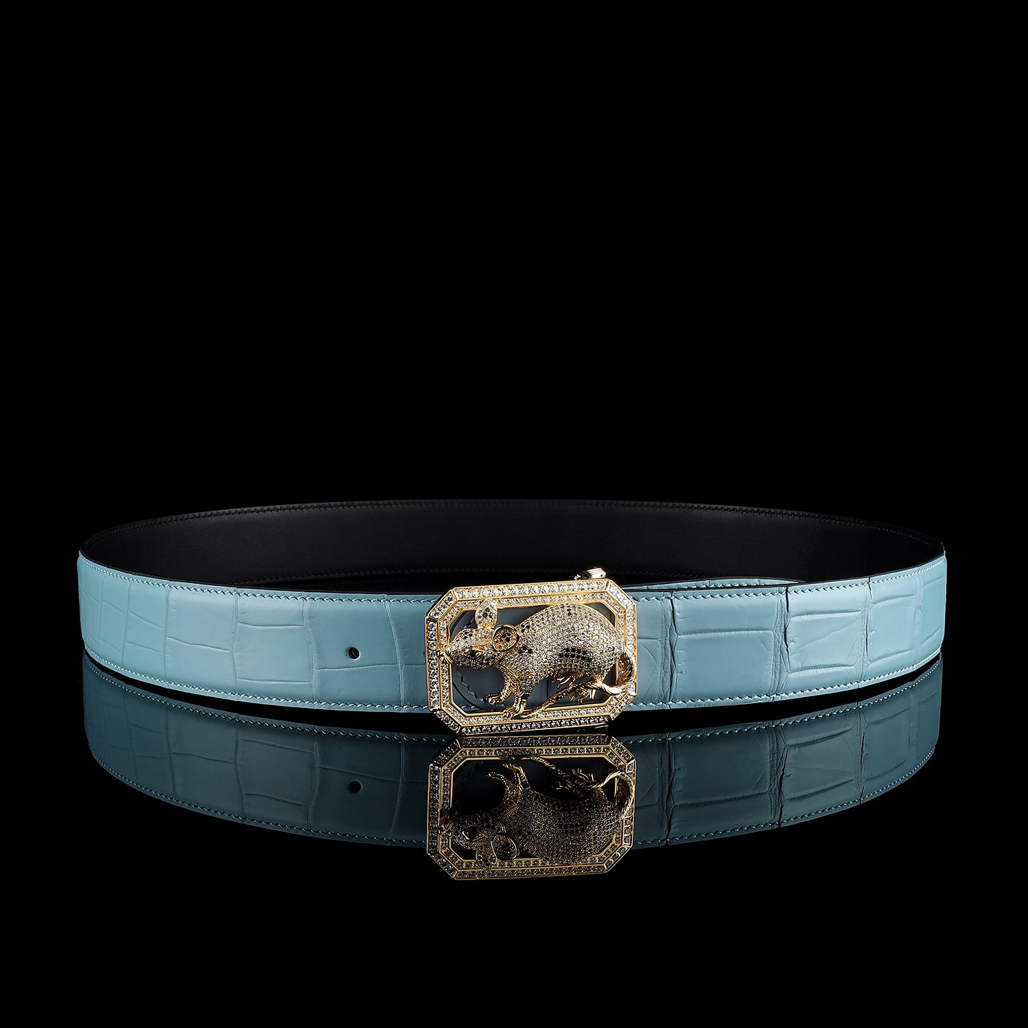 BELTLEY Tiffany Blue Exotic Nile Crocodile Belt with Rat Buckle