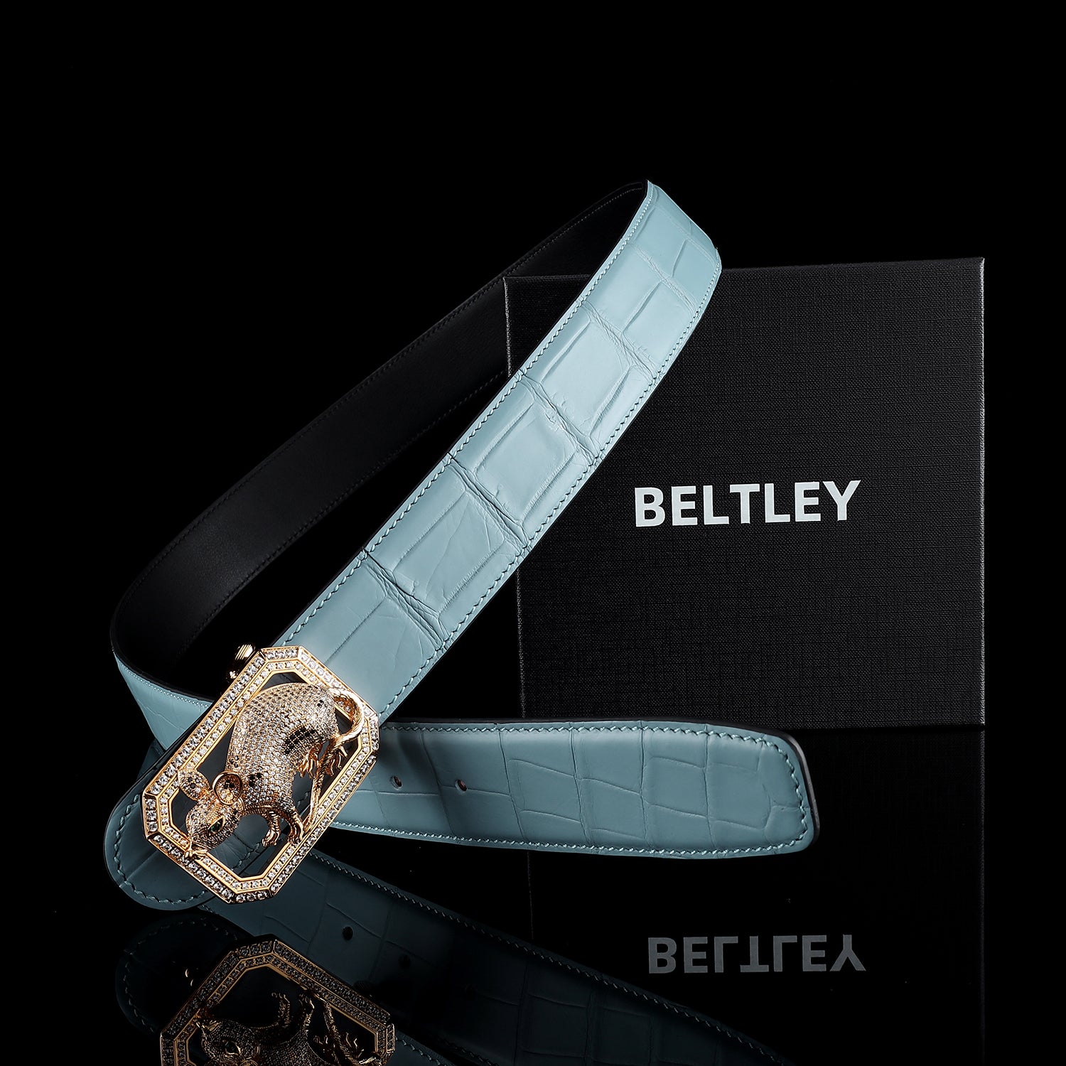 BELTLEY Tiffany Blue Exotic Nile Crocodile Belt with Rat Buckle
