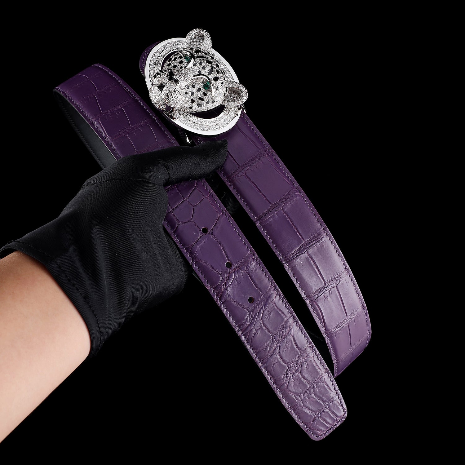 BELTLEY Unique 3D Leopard Buckle Purple Crocodile Leather Belt