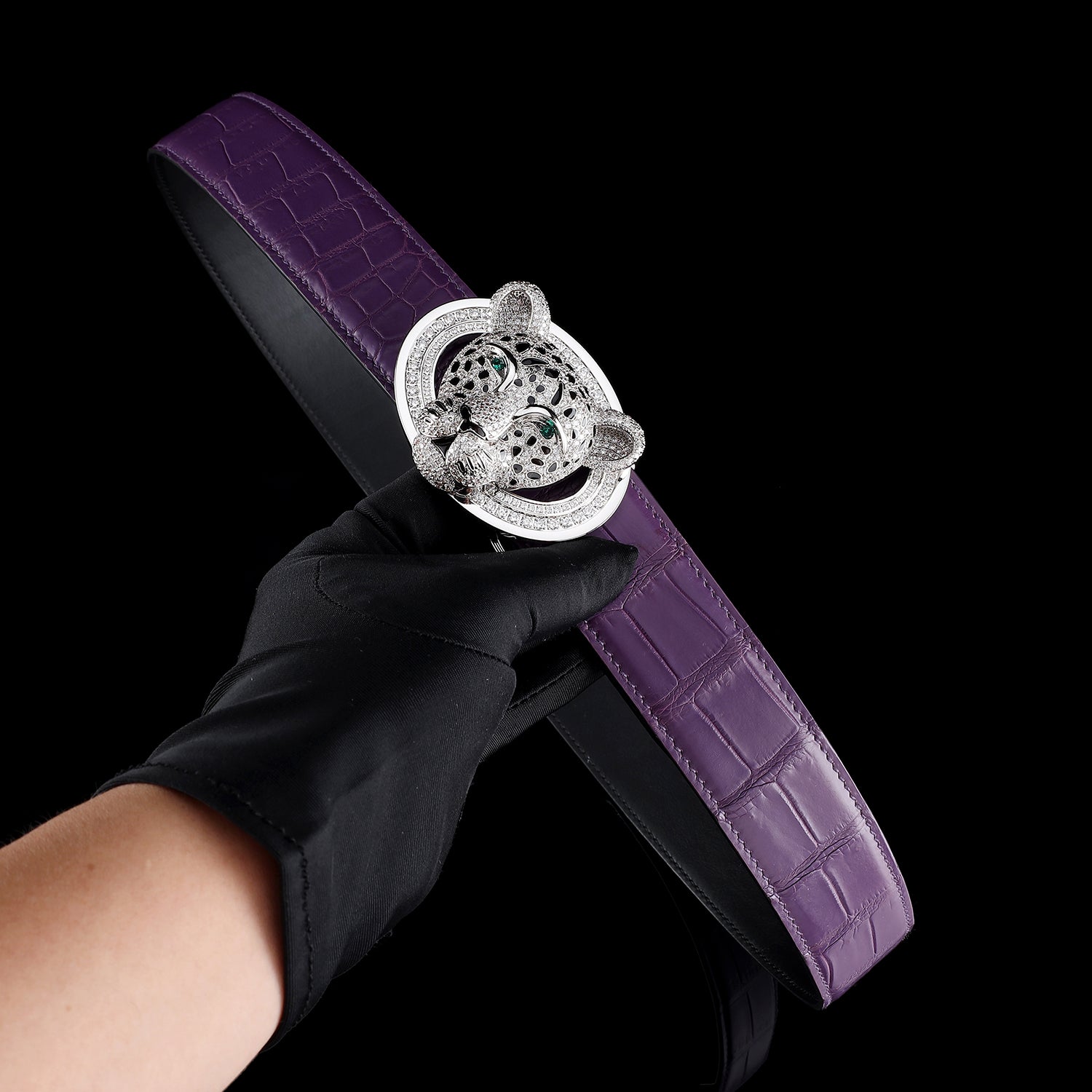 BELTLEY Unique 3D Leopard Buckle Purple Crocodile Leather Belt