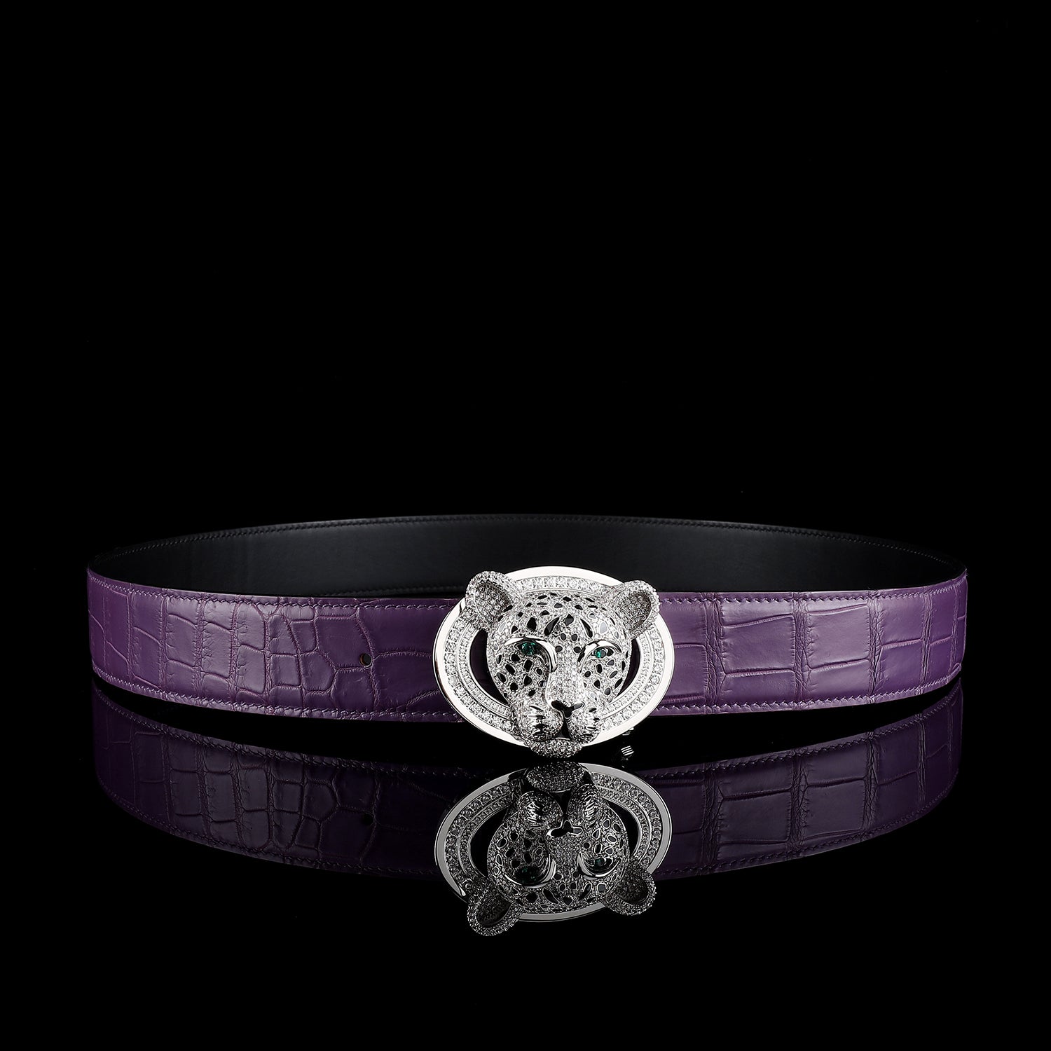 BELTLEY Unique 3D Leopard Buckle Purple Crocodile Leather Belt