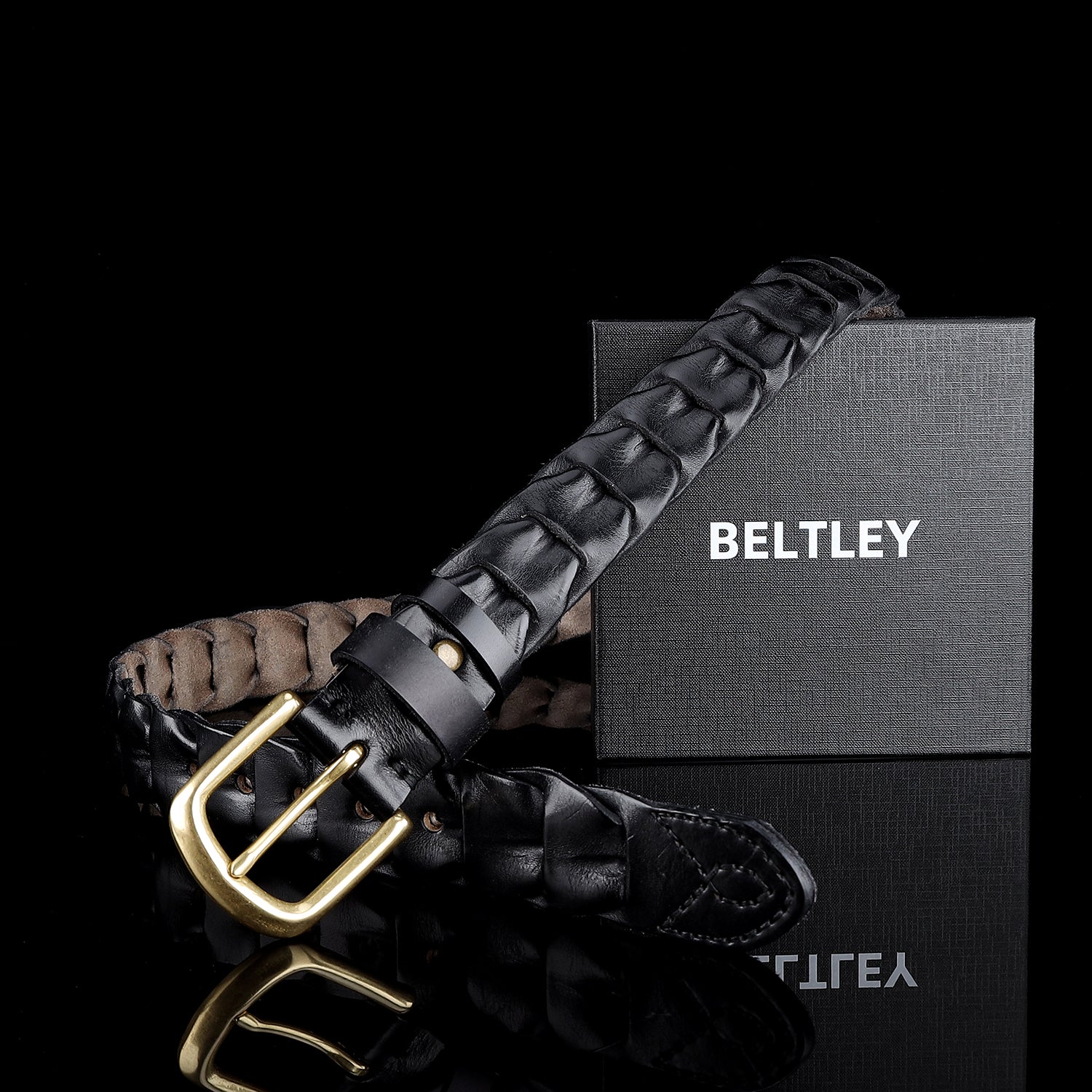 Unique Black Handwoven Leather Belt – Solid Brass Buckle — reverse side | BELTLEY