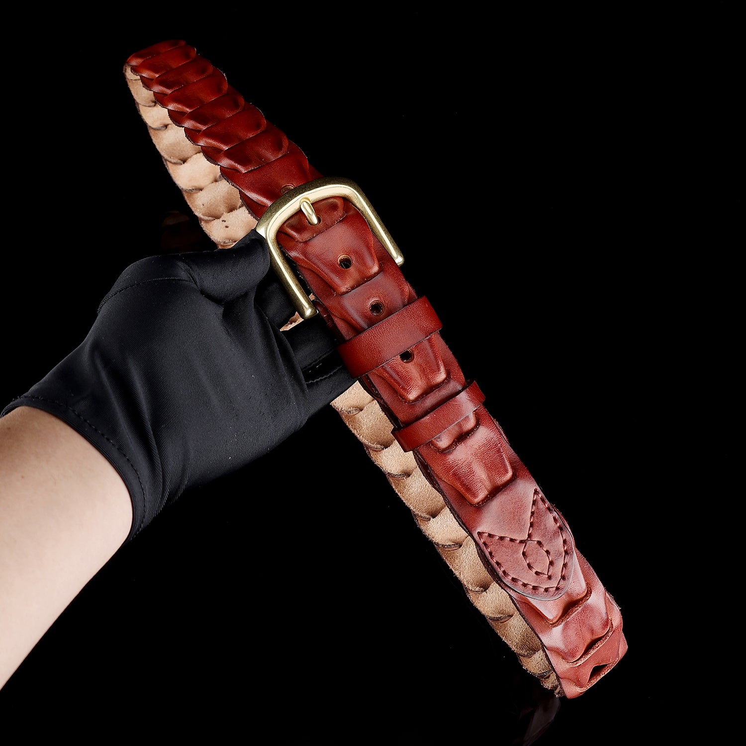 Unique Chestnut Brown Handwoven Leather Belt — buckle close-up | BELTLEY