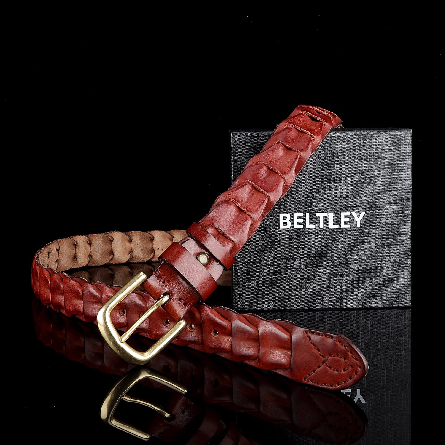 BELTLEY Unique Chestnut Brown Handwoven Leather Belt
