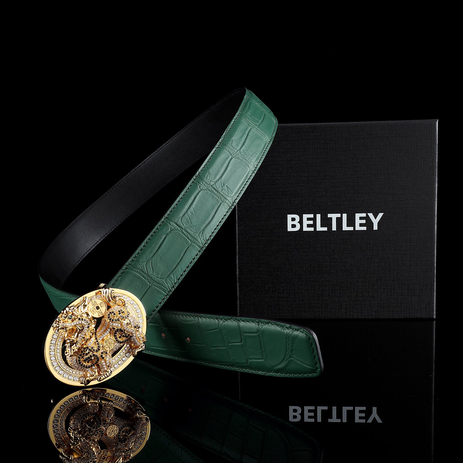 BELTLEY Unique Green Crocodile Gold Qilin Belts for Sale