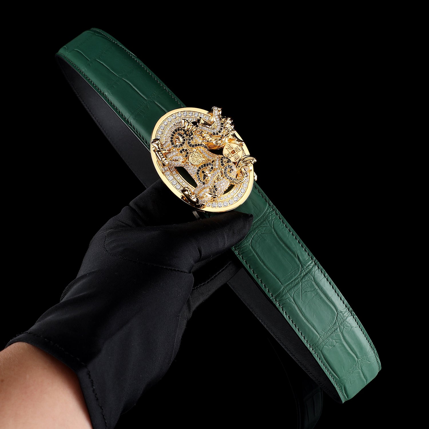 BELTLEY Unique Green Crocodile Gold Qilin Belts for Sale