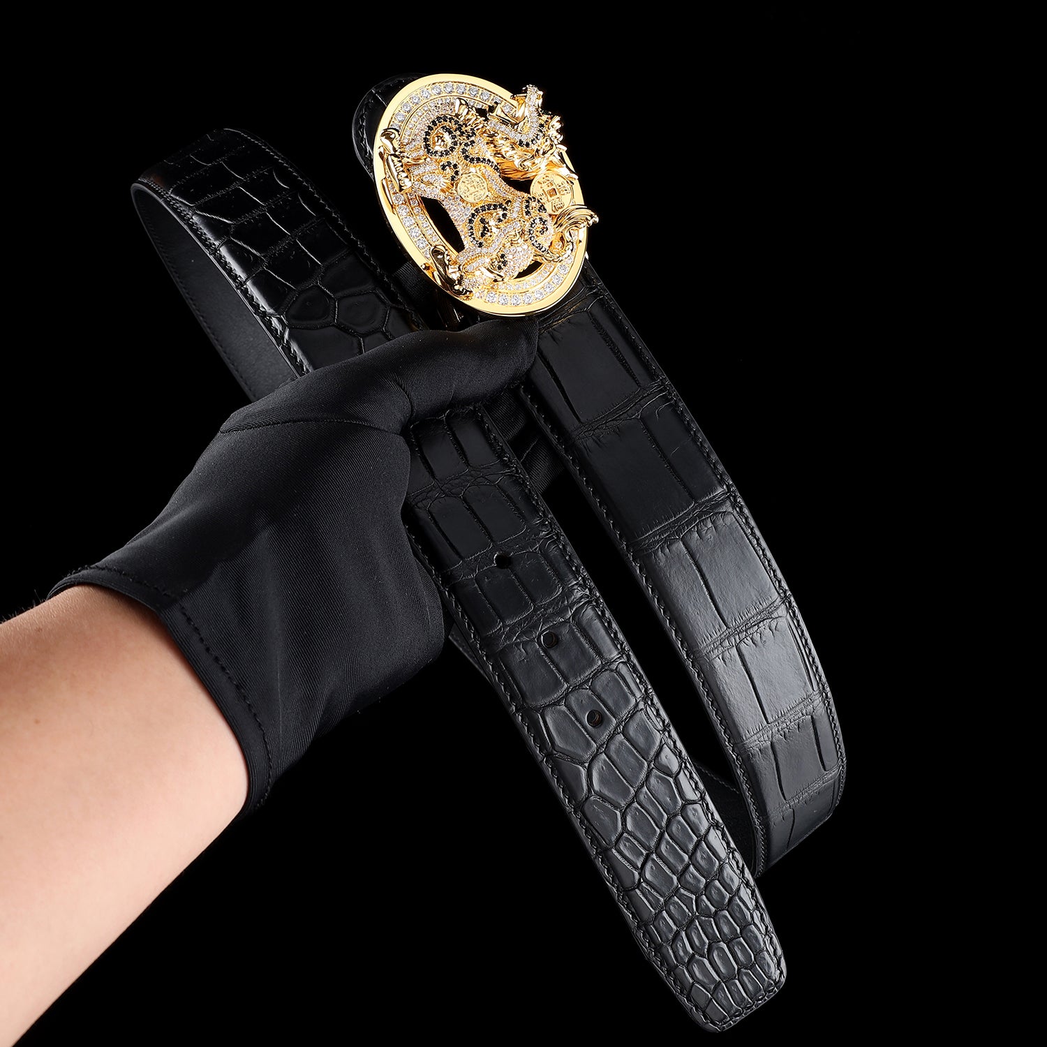 BELTLEY Unique Qinlin Black Crocodile Belly-Cut Belt for Men-1.5 Inches