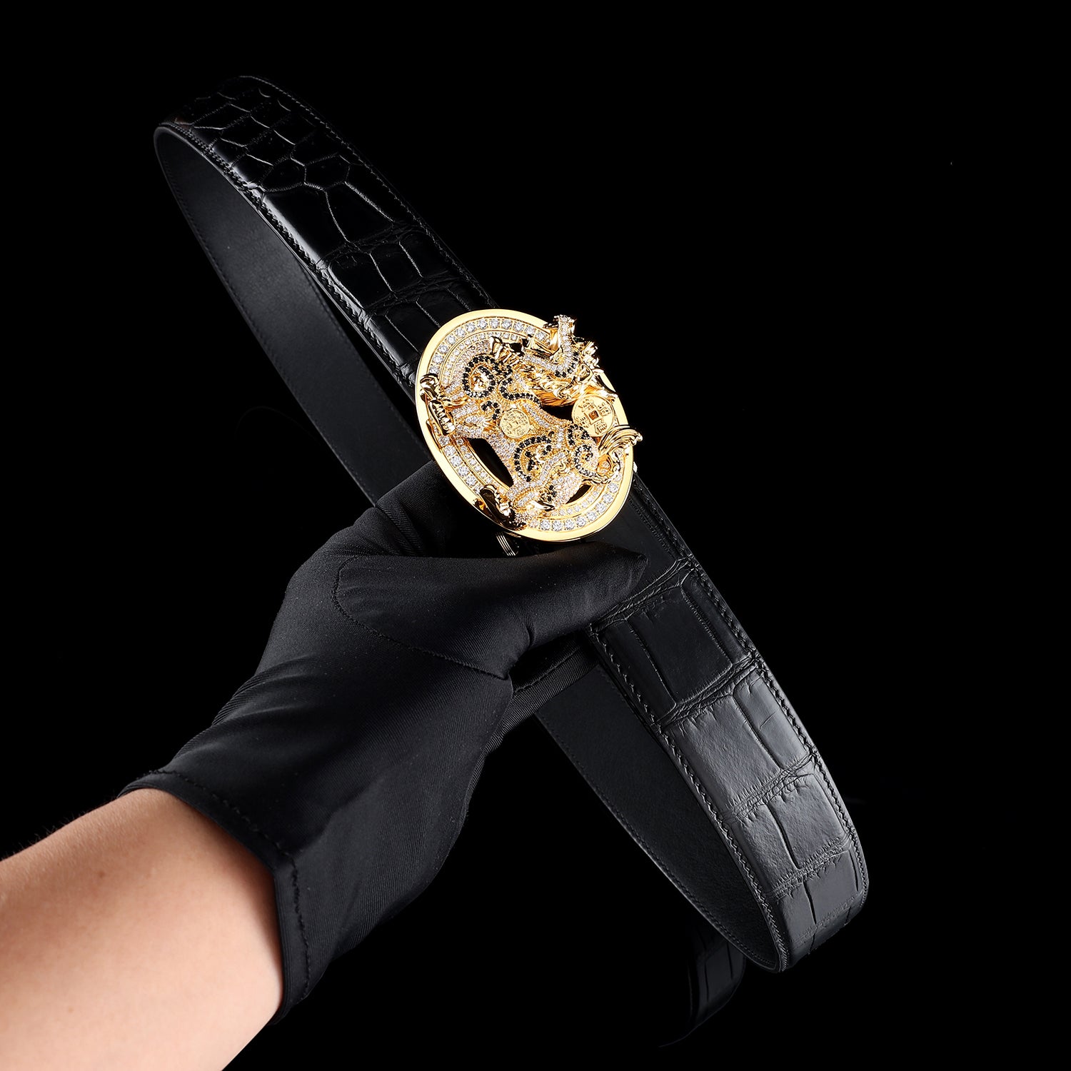 BELTLEY Unique Qinlin Black Crocodile Belly-Cut Belt for Men-1.5 Inches