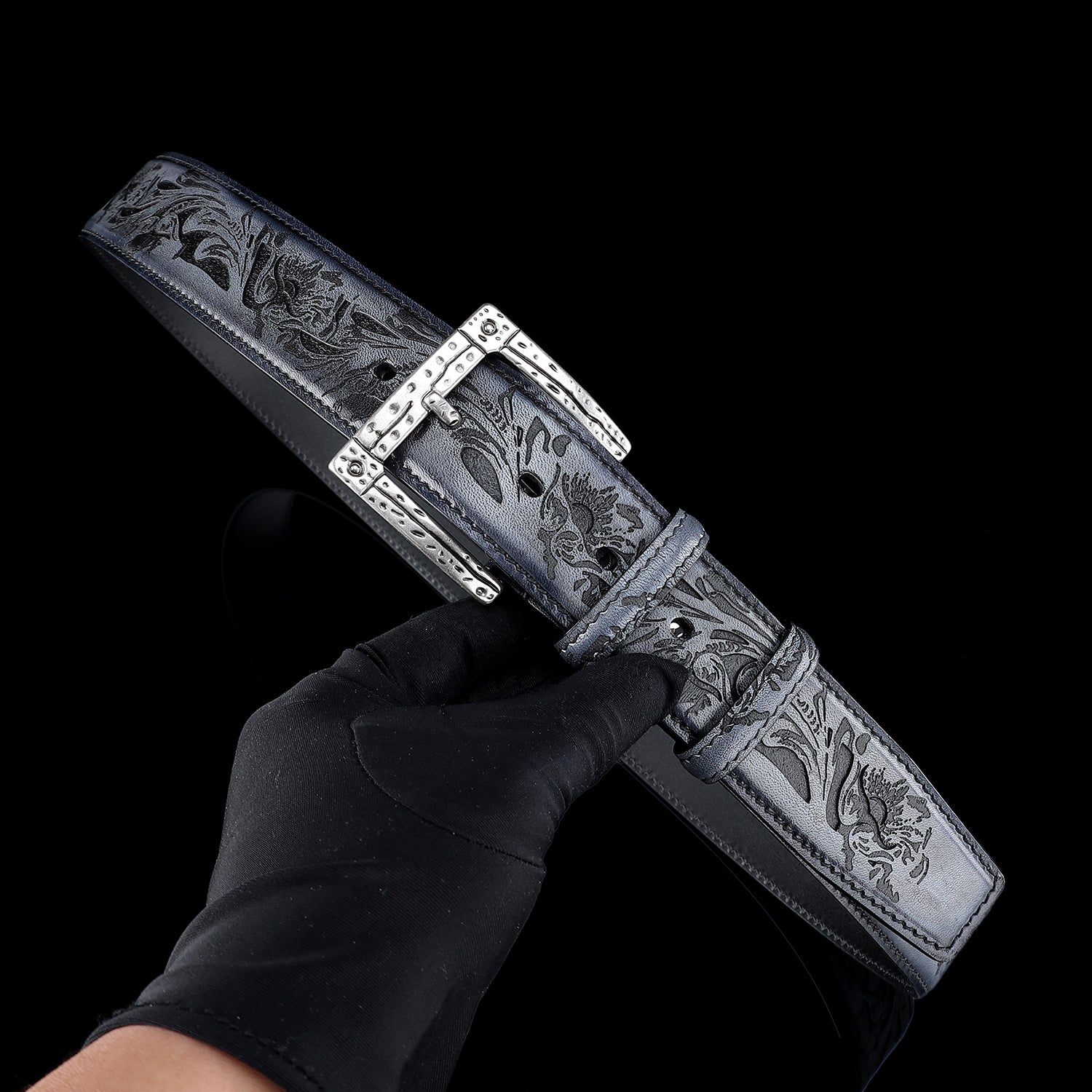 Vintage Flower Leather Belt for Men — detail close-up | BELTLEY
