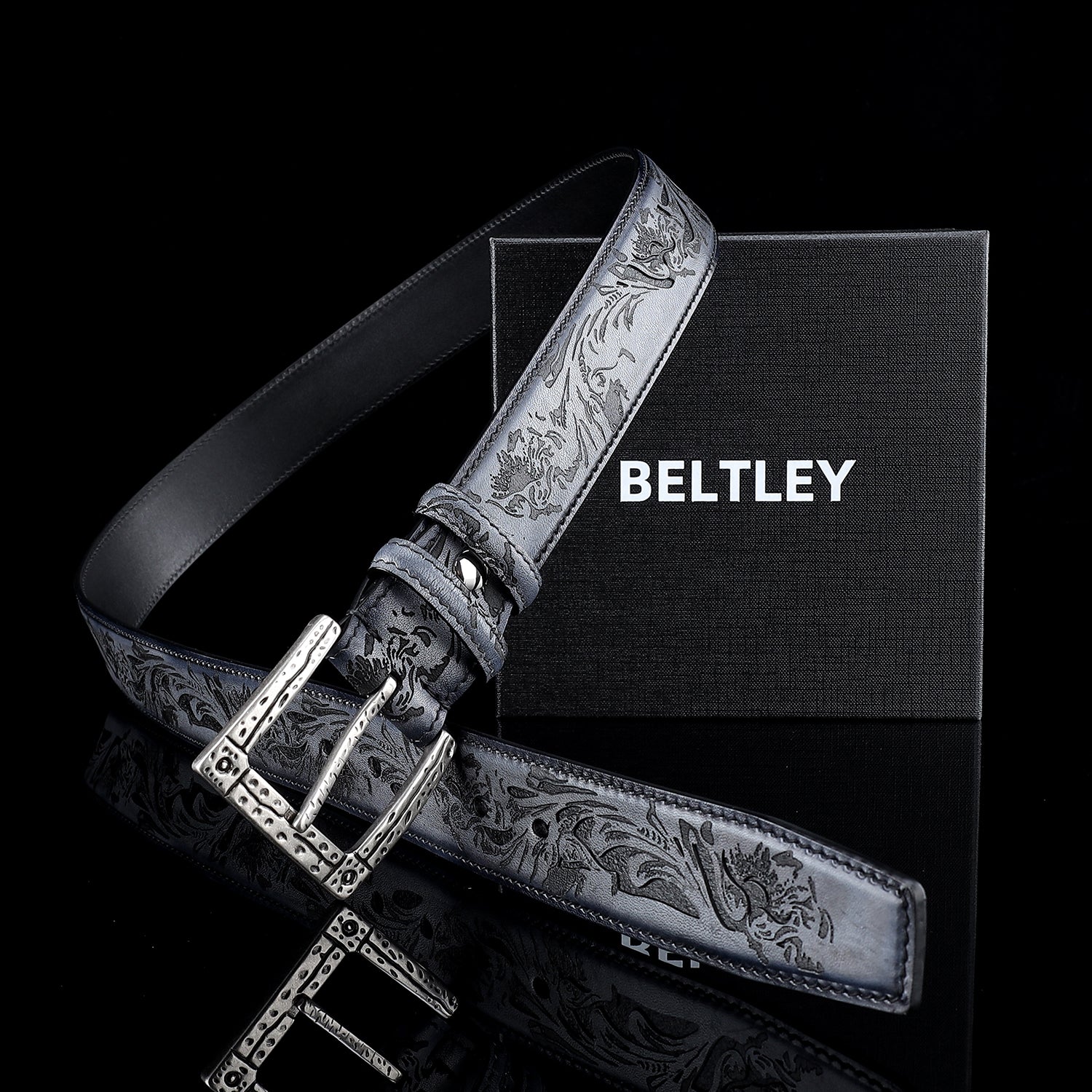 BELTLEY Vintage Flower Leather Belt for Men