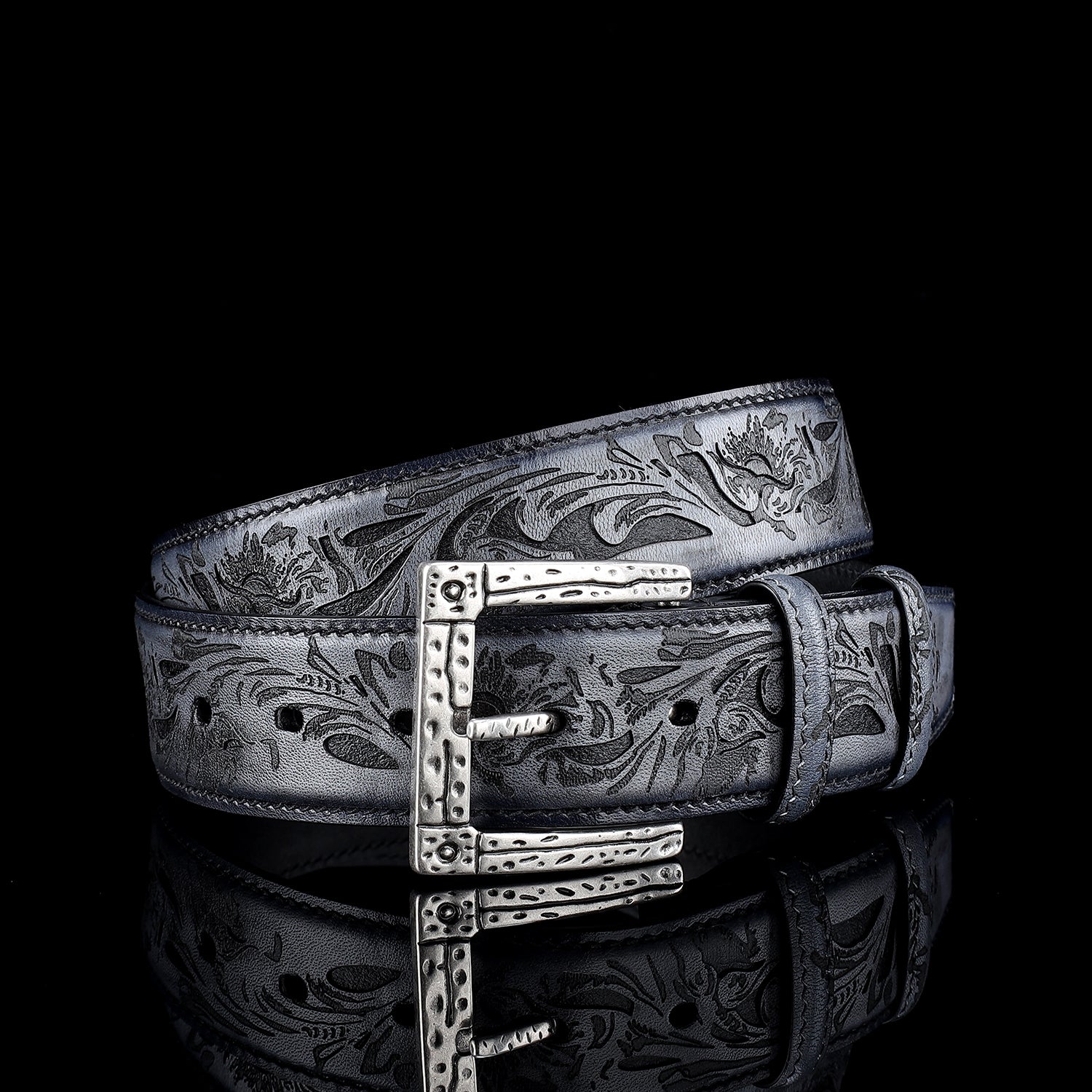Vintage Flower Leather Belt for Men — buckle close-up | BELTLEY