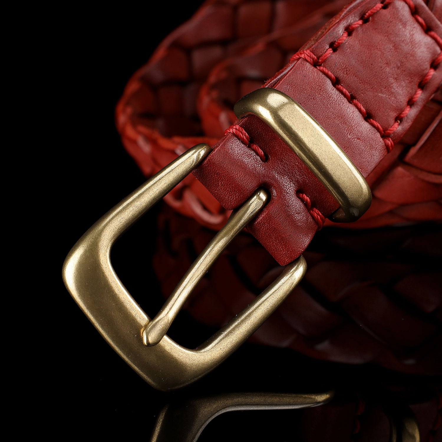 Women's Red Braided Leather Belt — buckle close-up | BELTLEY