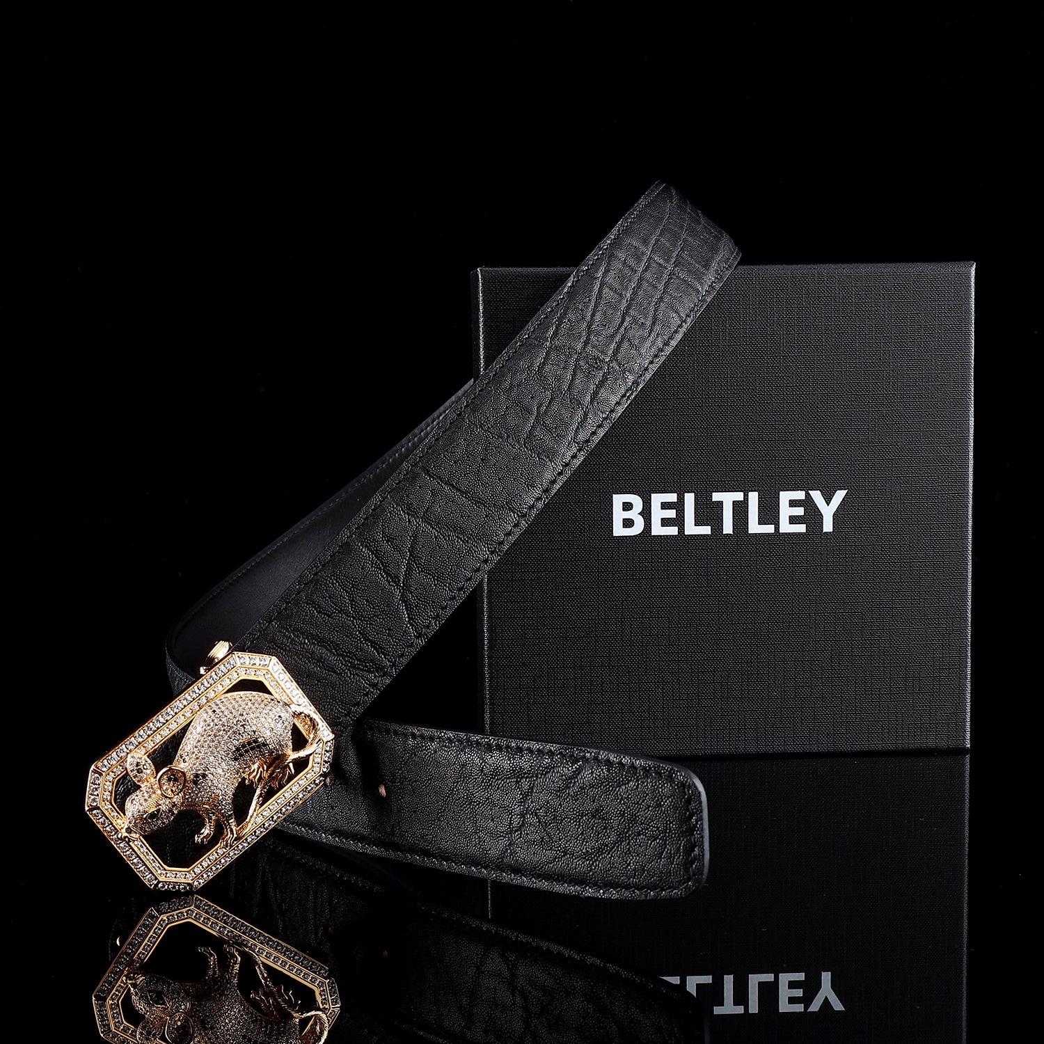 BELTLEY Zodiac Rat Buckle Belt — Handcrafted Black Elephant Skin Luxury Edition 1.5 Inches