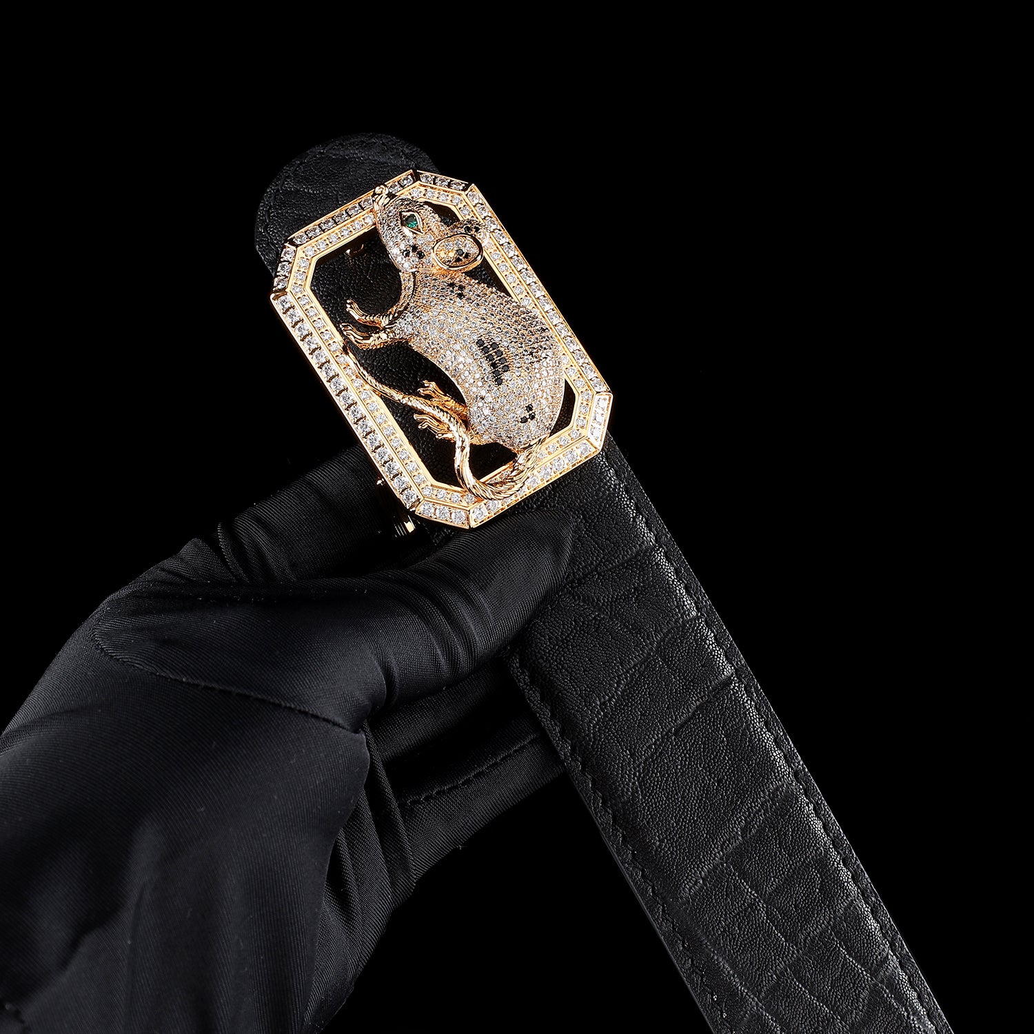 BELTLEY Zodiac Rat Buckle Belt — Handcrafted Black Elephant Skin Luxury Edition 1.5 Inches