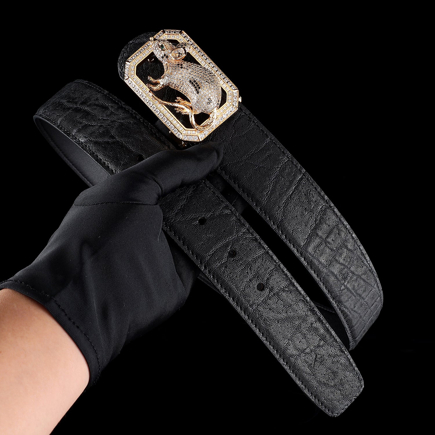 BELTLEY Zodiac Rat Buckle Belt — Handcrafted Black Elephant Skin Luxury Edition 1.5 Inches