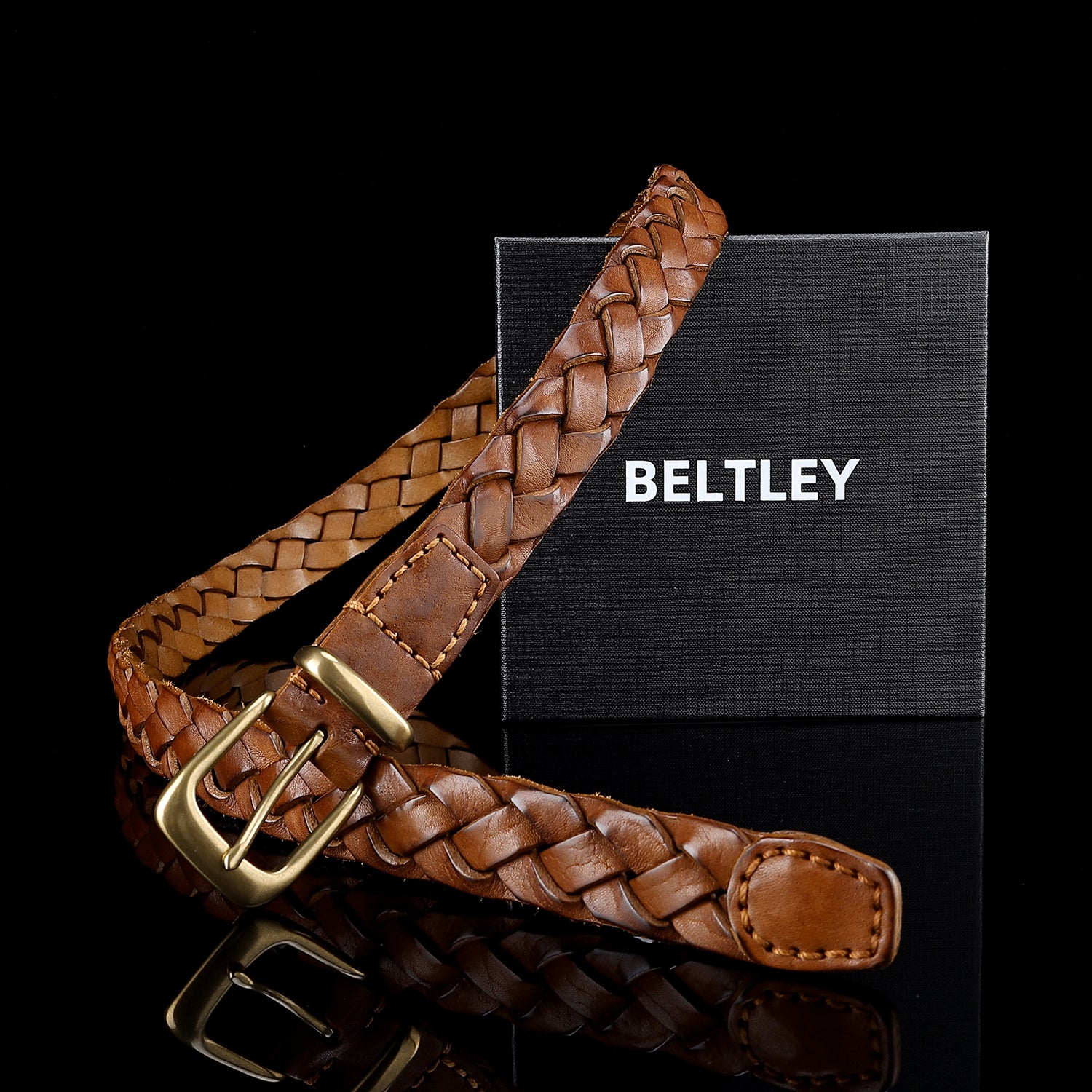 BELTLEY Brown Braided Leather Belt for Women with Brass Buckle 1.18 Inches