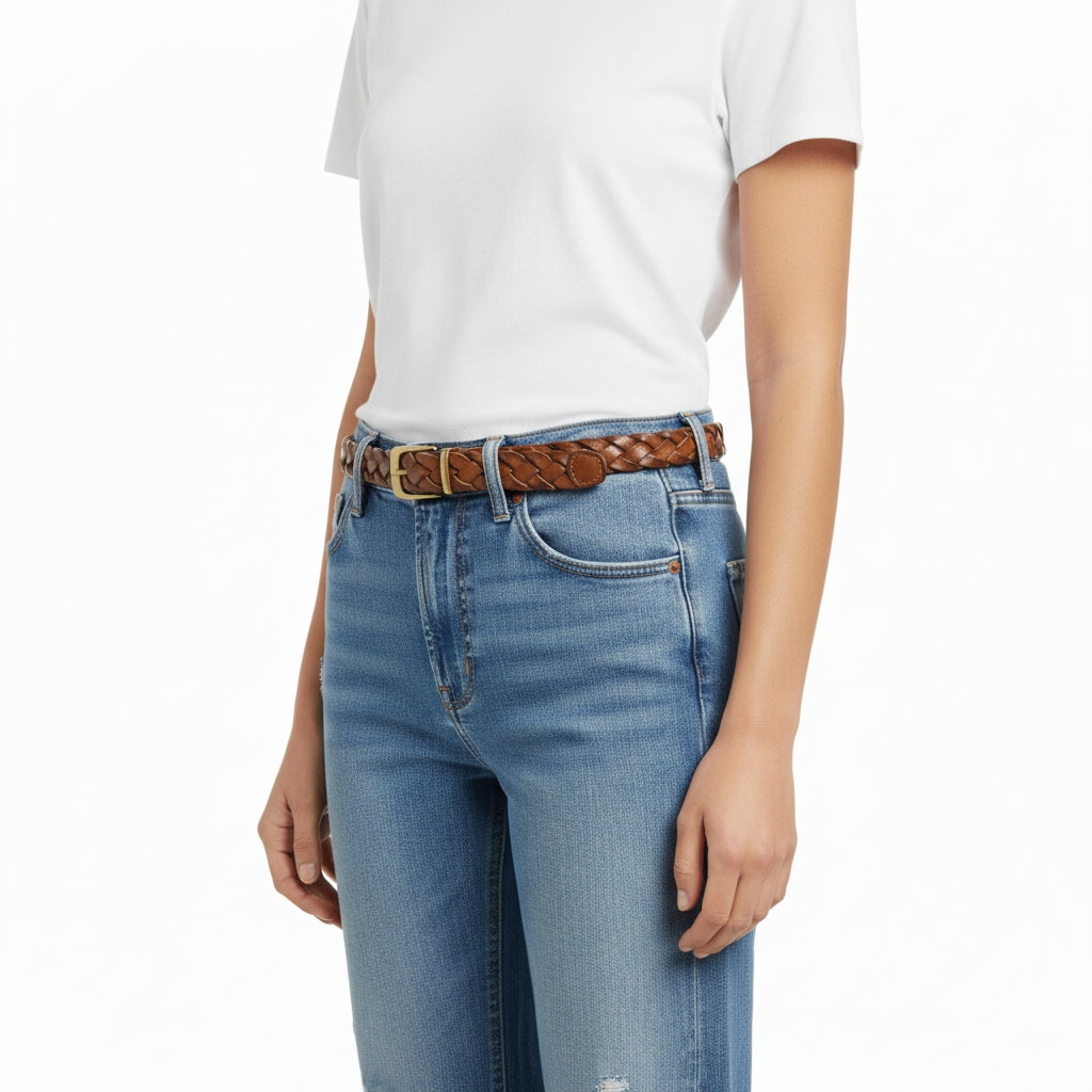 30mm Braided Leather Belt in Tan for Women — lay-flat view | BELTLEY